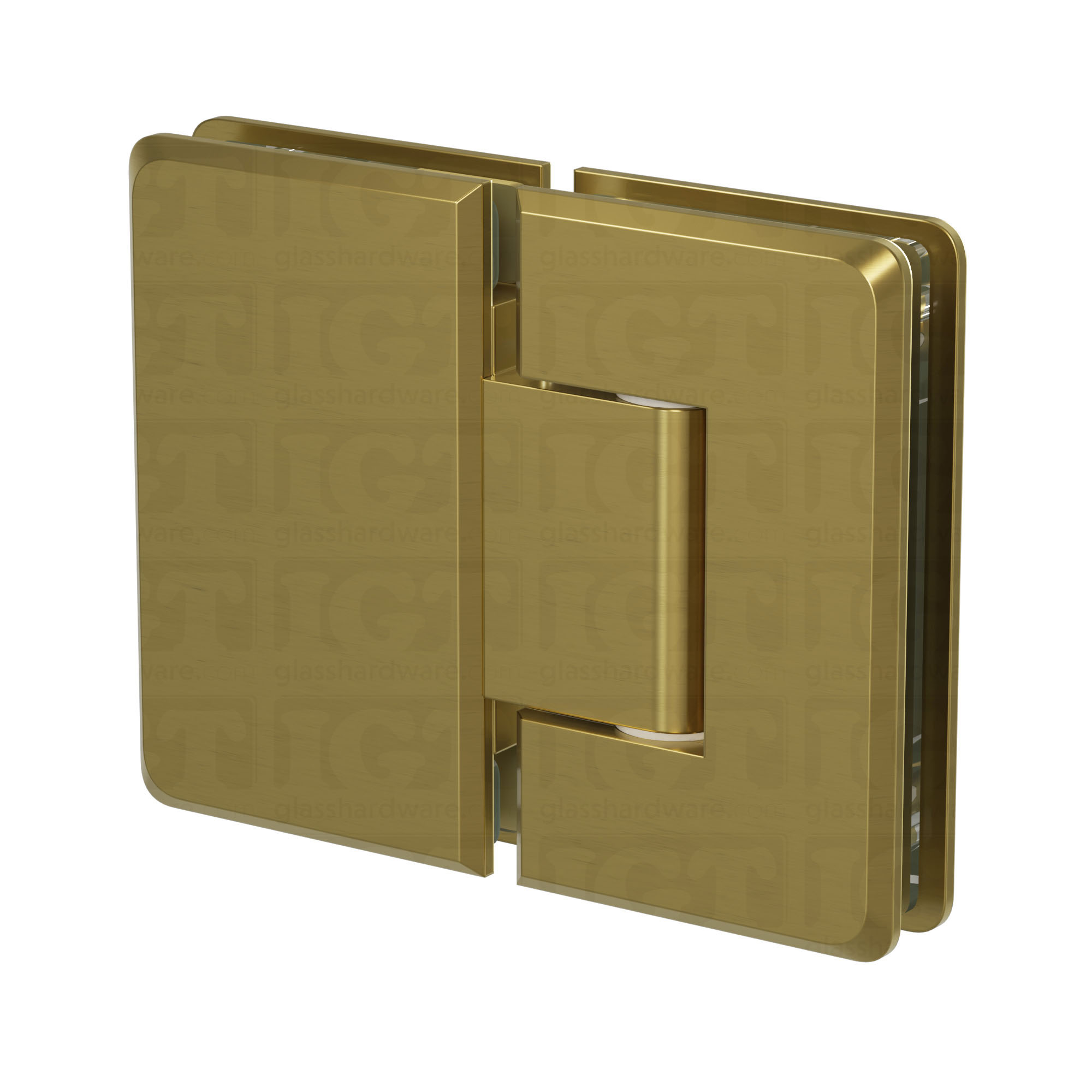 The Glass-to-Glass 180 Degree Bilboa Hinge in Gold Brushed.