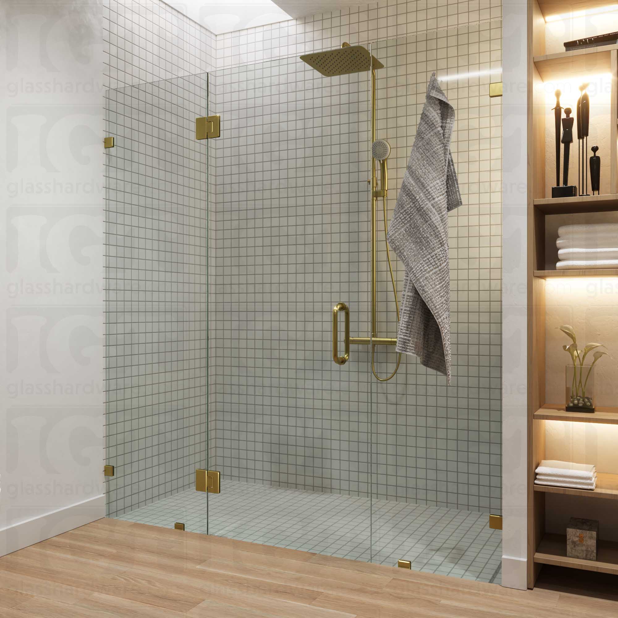 A modern frameless shower door installation using two Glass-to-Glass 180 Degree Bilboa Hinges. Gold Brushed.