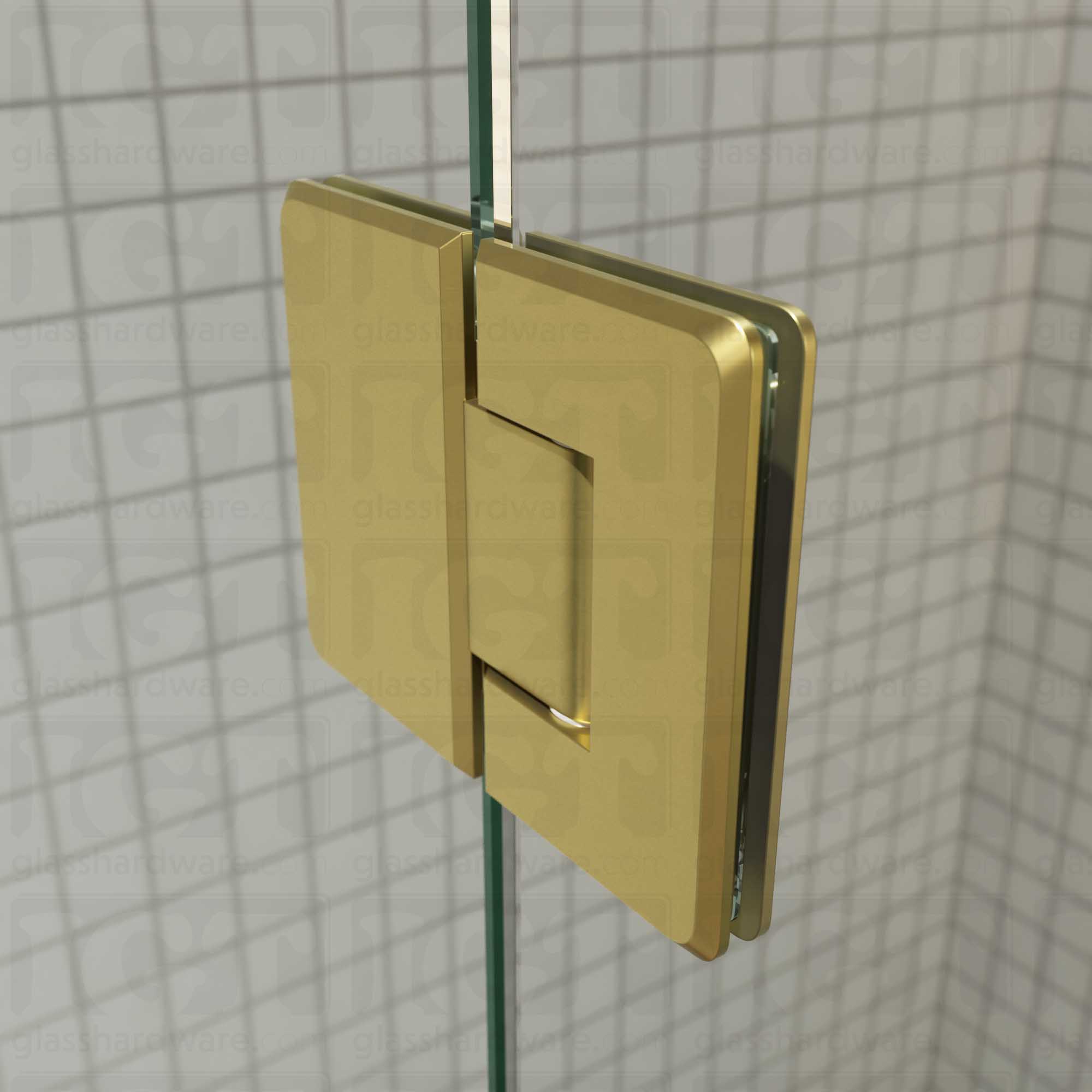 A close-up view of the Glass-to-Glass 180 Degree Bilboa Hinge installed on a modern shower door, showcasing its Gold Brushed finish in more detail.