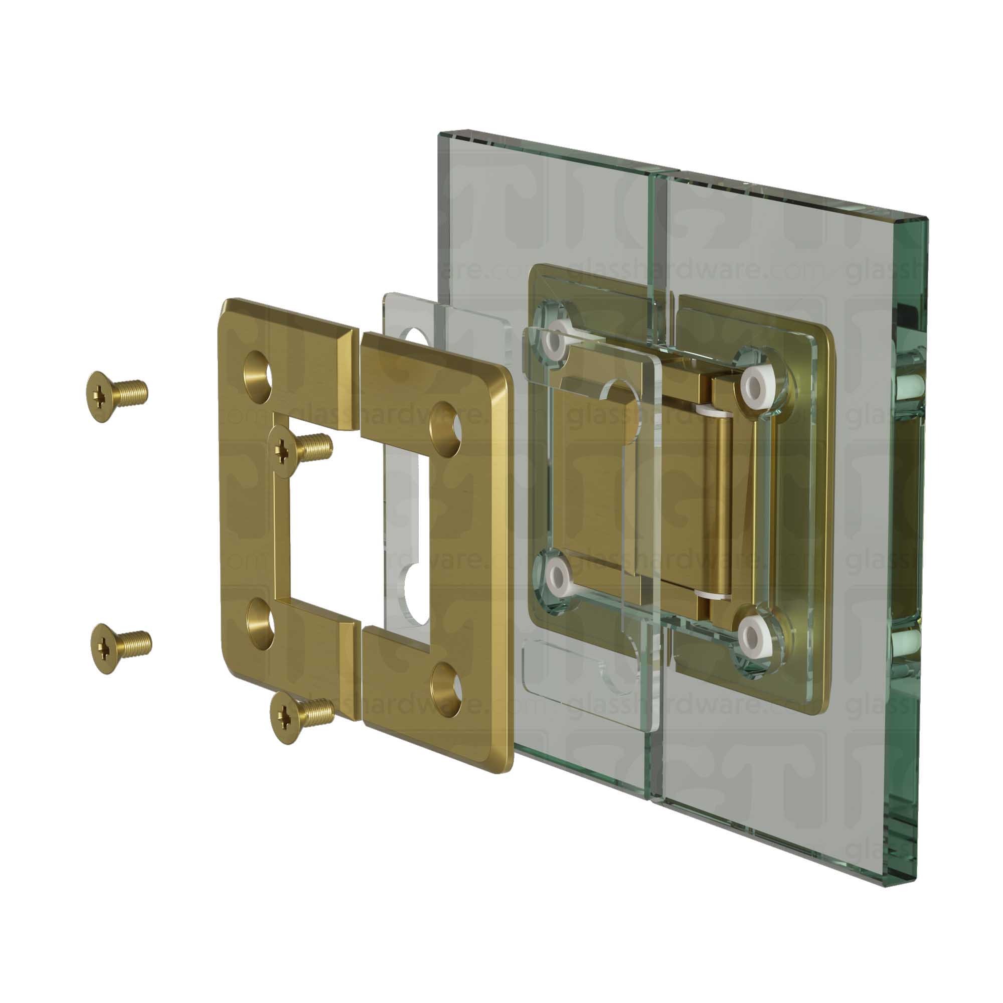 Exploded view of a Glass-to-Glass 180 Degree Bilboa Hinge assembly, showing its individual components. The image illustrates how the hinge attaches securely to the glass. Gold Brushed.