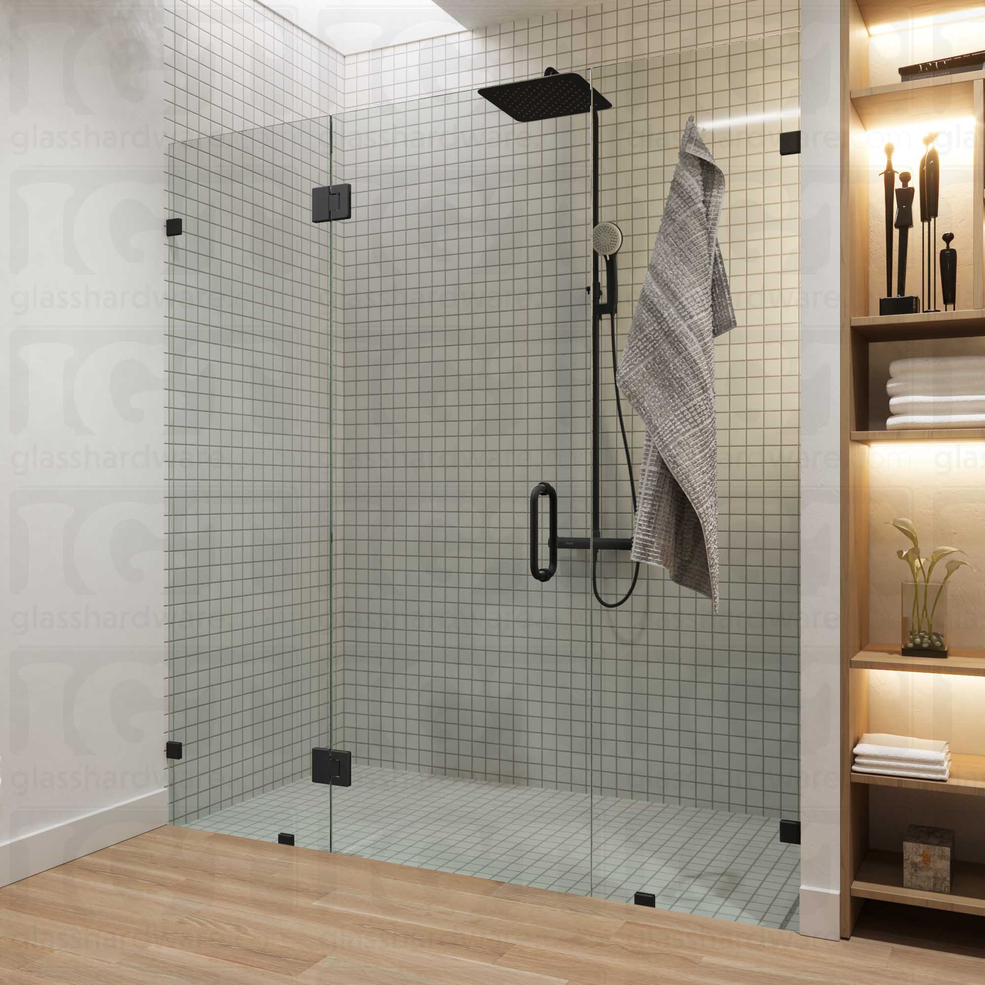 A modern frameless shower door installation using two Glass-to-Glass 180 Degree Bilboa Hinges. Matte Black.