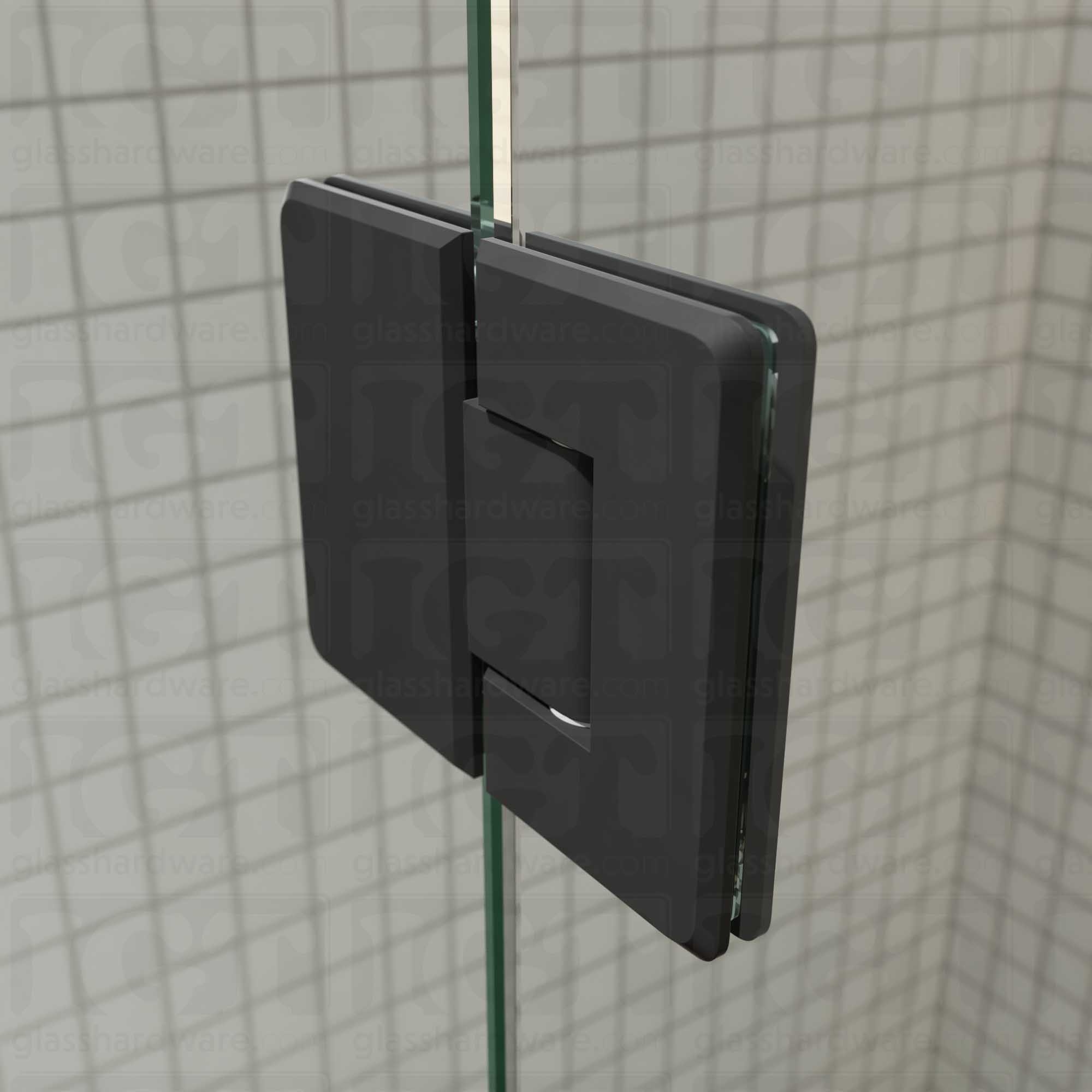 A close-up view of the Glass-to-Glass 180 Degree Bilboa Hinge installed on a modern shower door, showcasing its Matte Black finish in more detail.