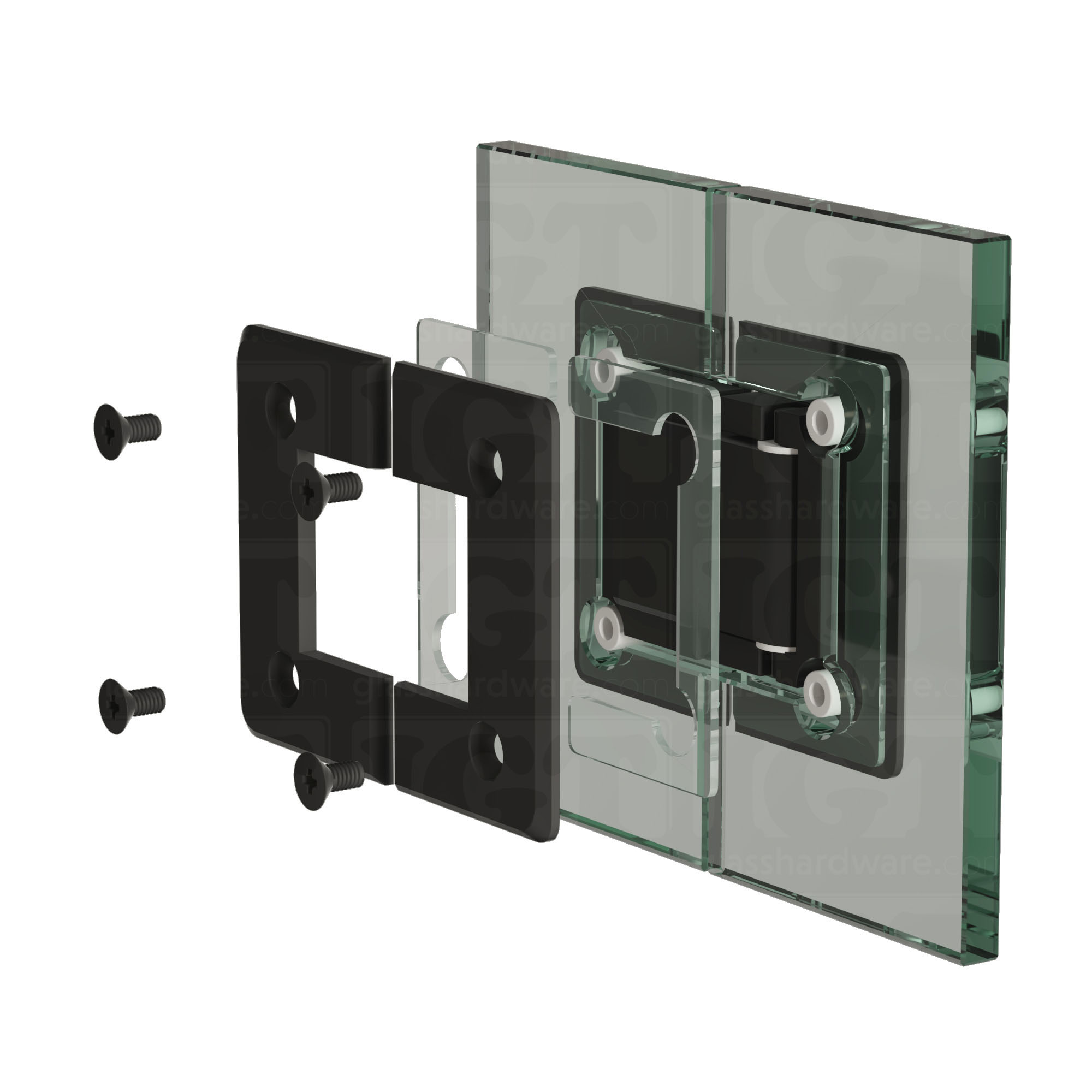 Exploded view of a Glass-to-Glass 180 Degree Bilboa Hinge assembly, showing its individual components. The image illustrates how the hinge attaches securely to the glass. Matte Black.