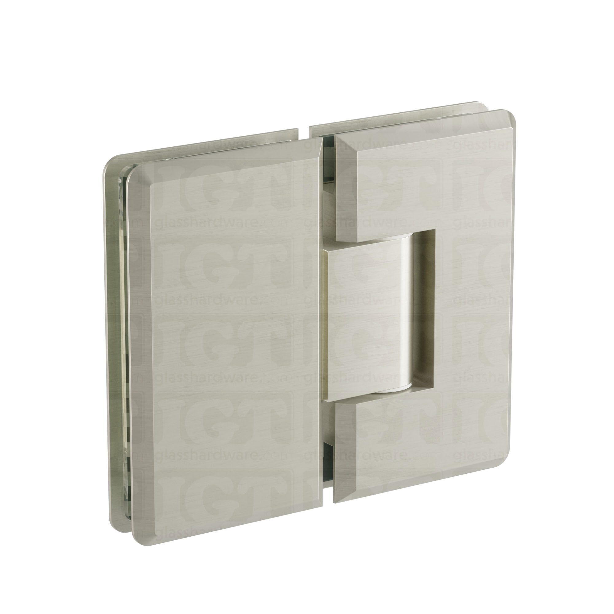 The Heavy Duty Glass-to-Glass 180 Degree Bilboa Hinge in Brushed Nickel.