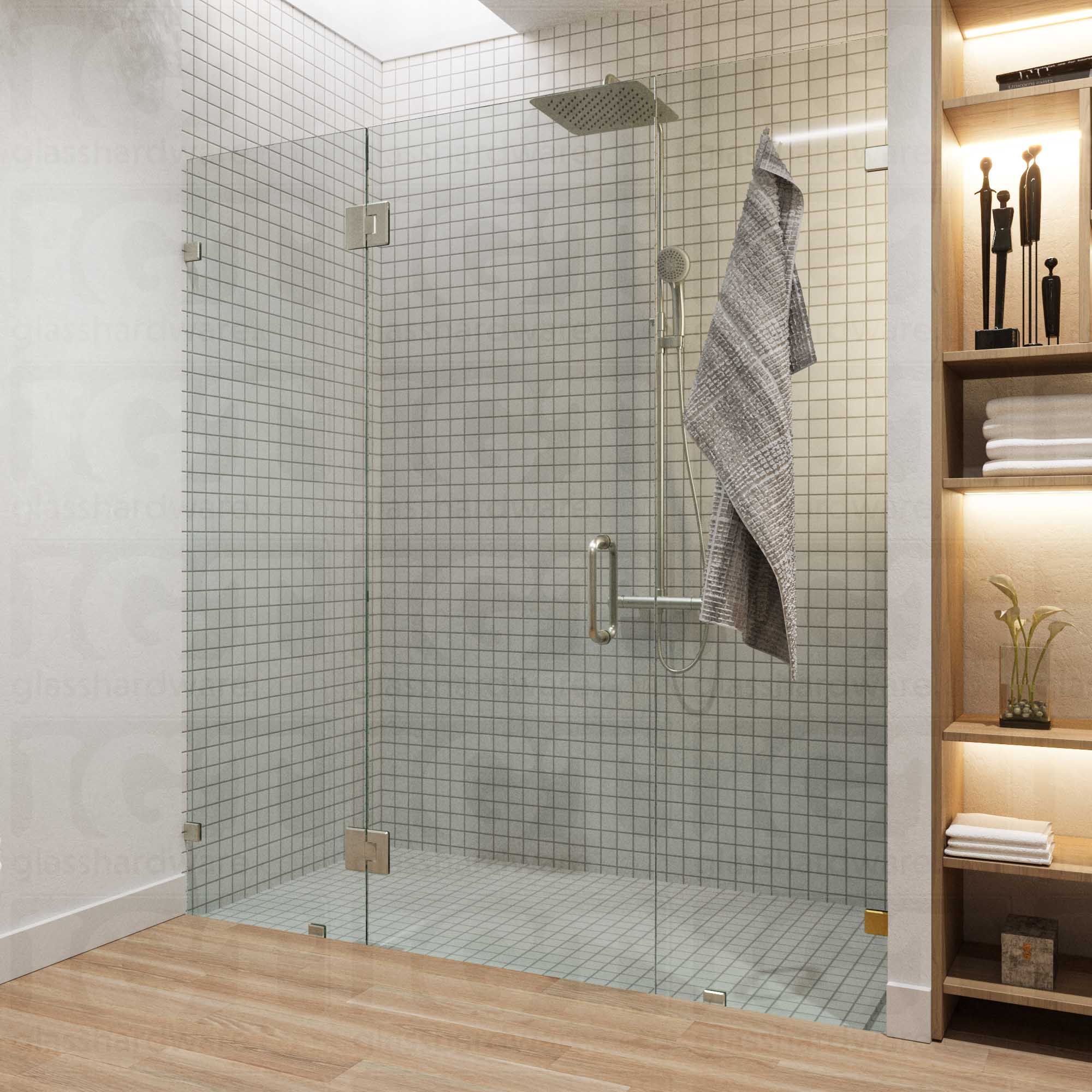 A modern frameless shower door installation using two Heavy Duty Glass-to-Glass 180 Degree Bilboa Hinges. Brushed Nickel.