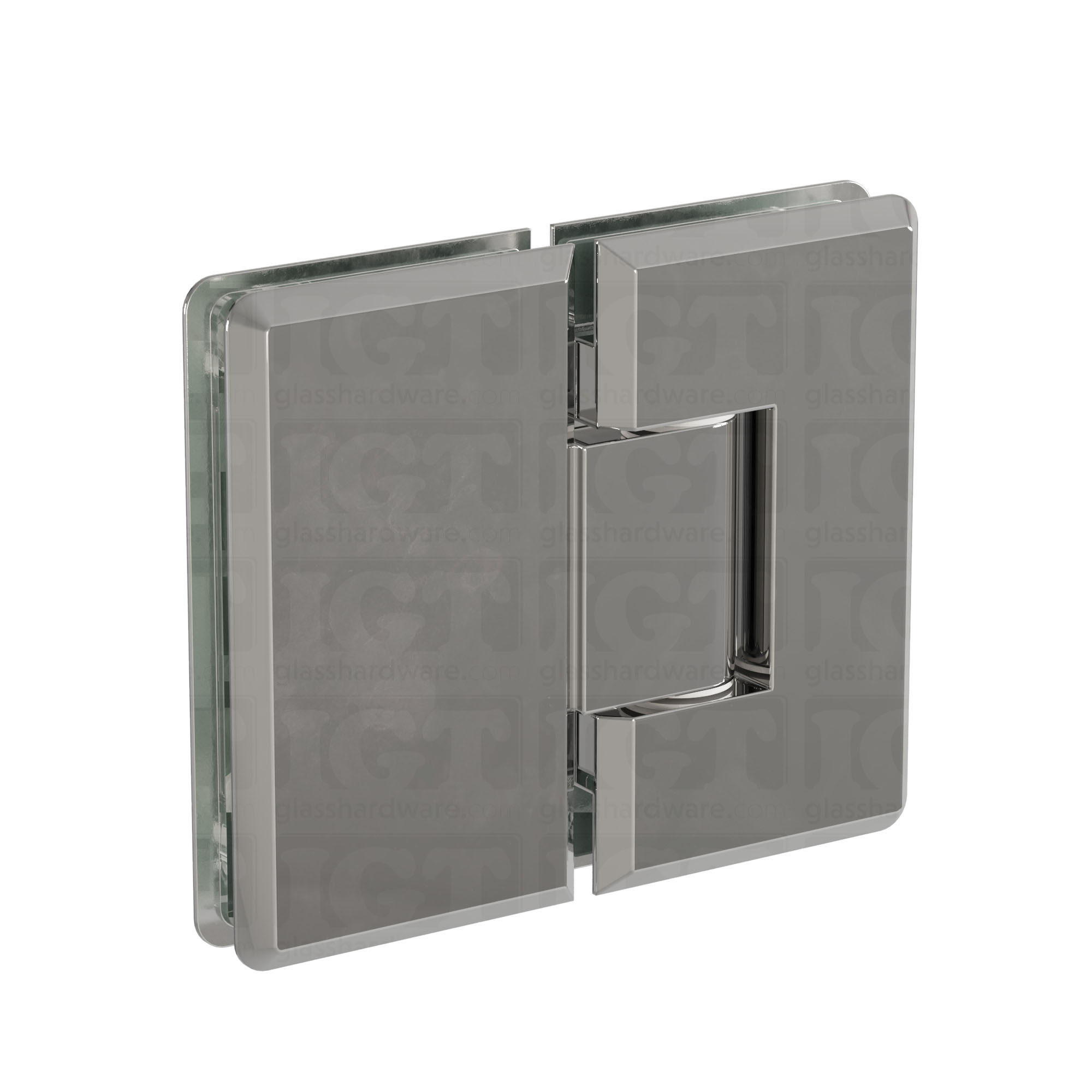 The Heavy Duty Glass-to-Glass 180 Degree Bilboa Hinge in Chrome Polished.