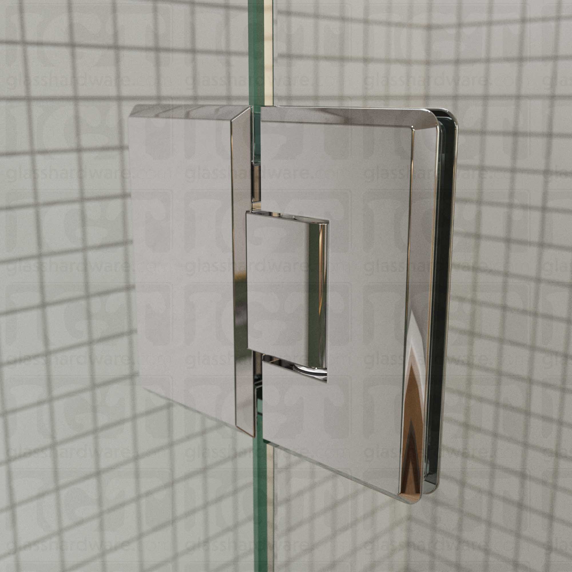 A close-up view of the Heavy Duty Glass-to-Glass 180 Degree Bilboa Hinge installed on a mcodern shower door, showcasing its Chrome Polished finish in more detail.