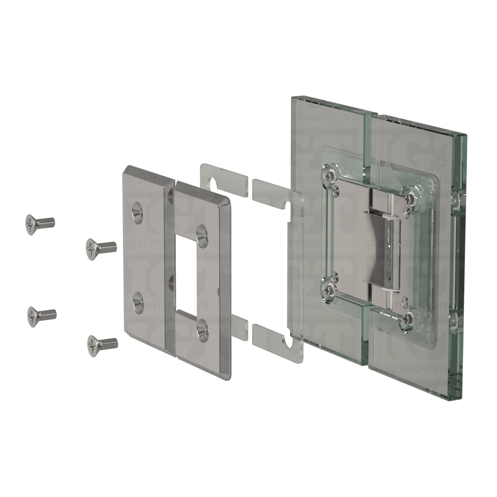 An exploded view of a Heavy Duty Glass-to-Glass 180 Degree Bilboa Hinge assembly. The image shows the hinge's plates, clear gaskets, and screws being fitted onto two adjacent glass planels. Chrome Polished.