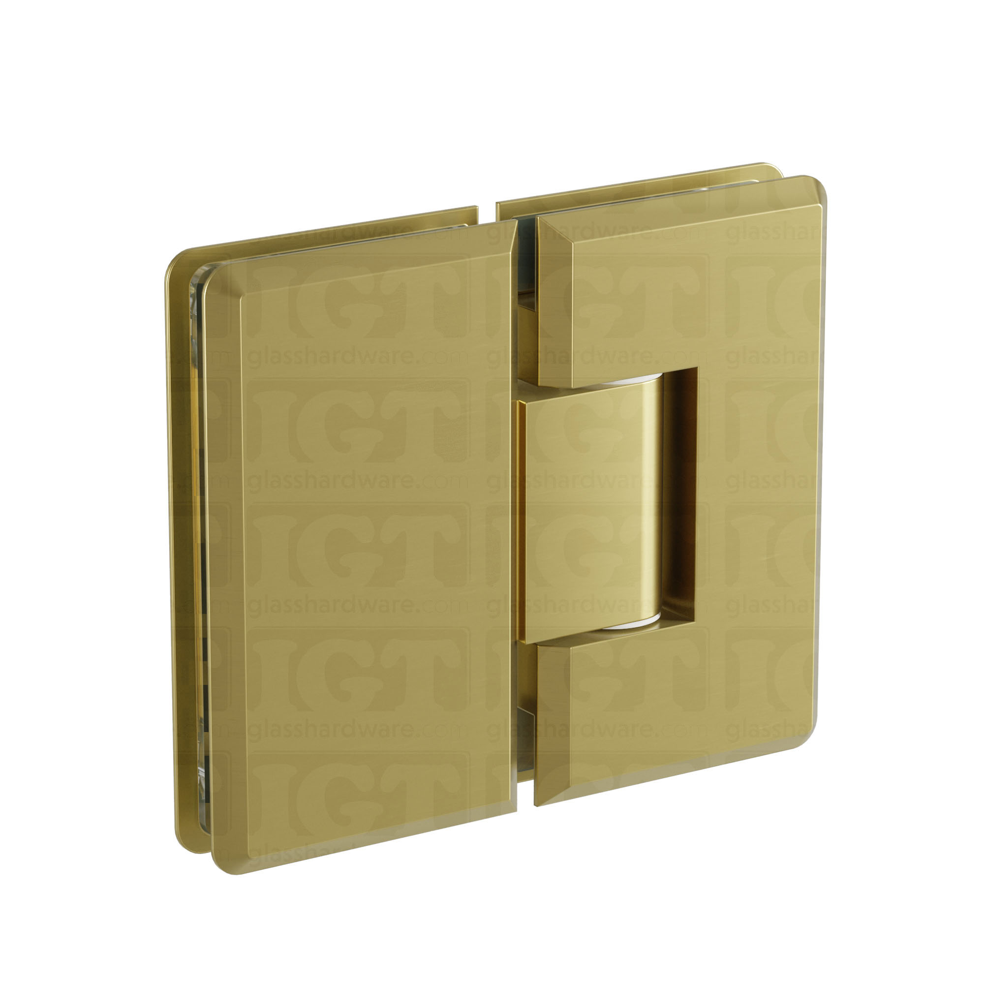 The Heavy Duty Glass-to-Glass 180 Degree Bilboa Hinge in Gold Brushed.