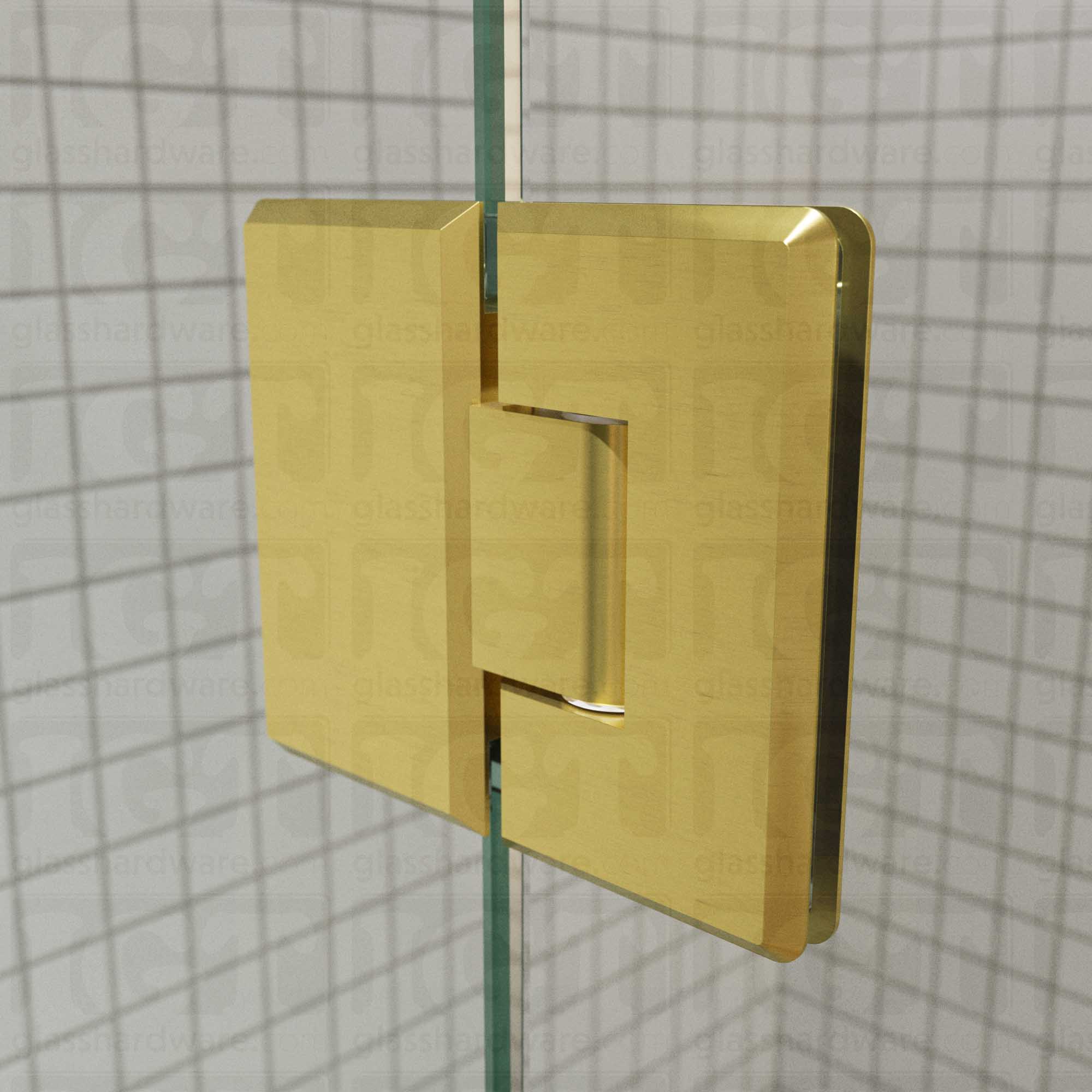 A close-up view of the Heavy Duty Glass-to-Glass 180 Degree Bilboa Hinge installed on a modern shower door, showcasing its Gold Brushed finish in more detail.