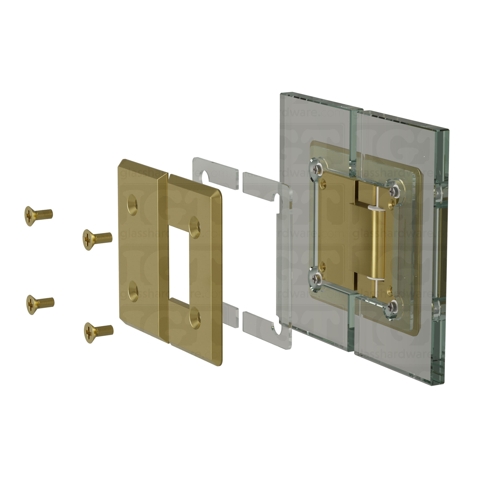 An exploded view of a Heavy Duty Glass-to-Glass 180 Degree Bilboa Hinge assembly. The image shows the hinge's plates, clear gaskets, and screws being fitted onto two adjacent glass planels. Gold Brushed.