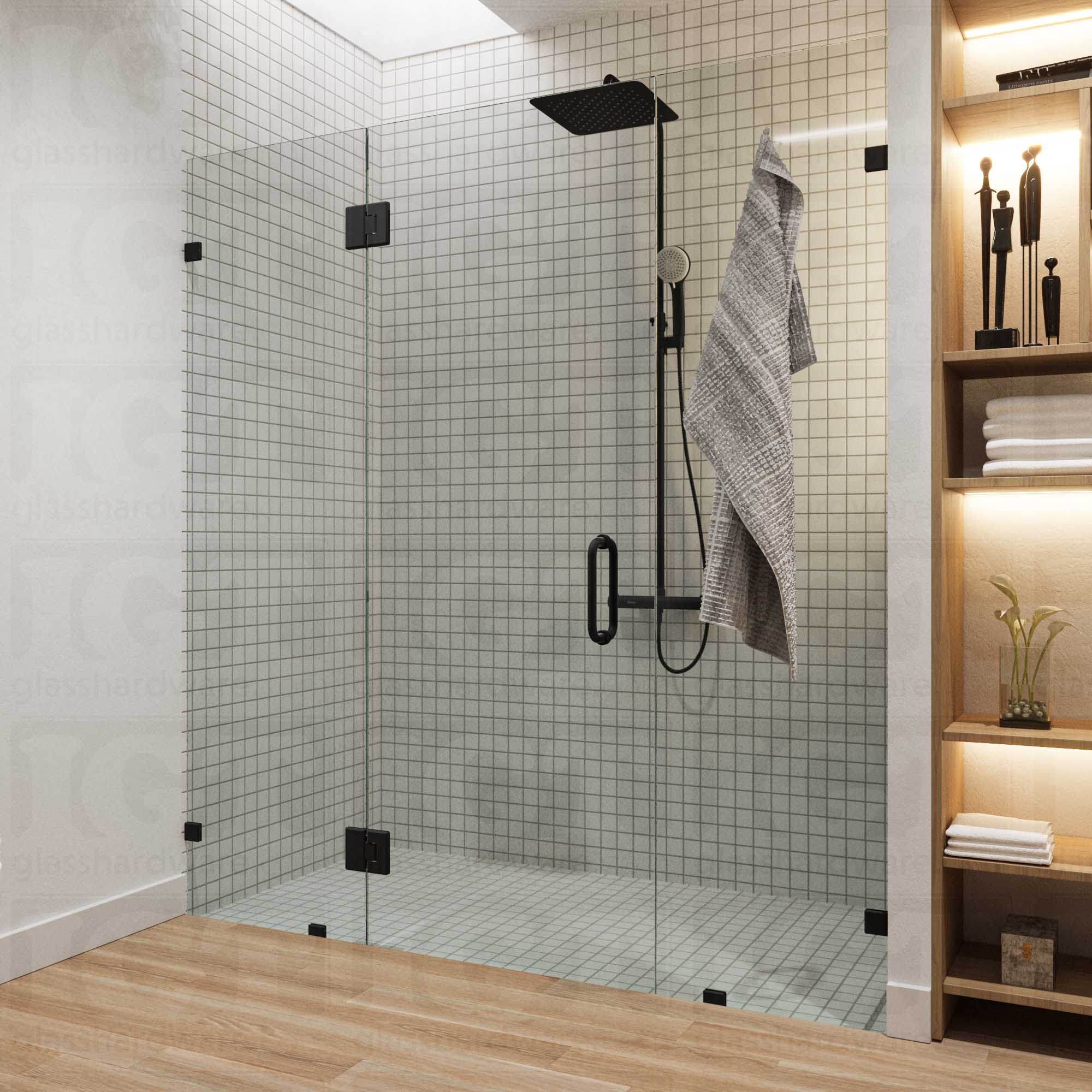 A modern frameless shower door installation using two Heavy Duty Glass-to-Glass 180 Degree Bilboa Hinges. Matte Black.