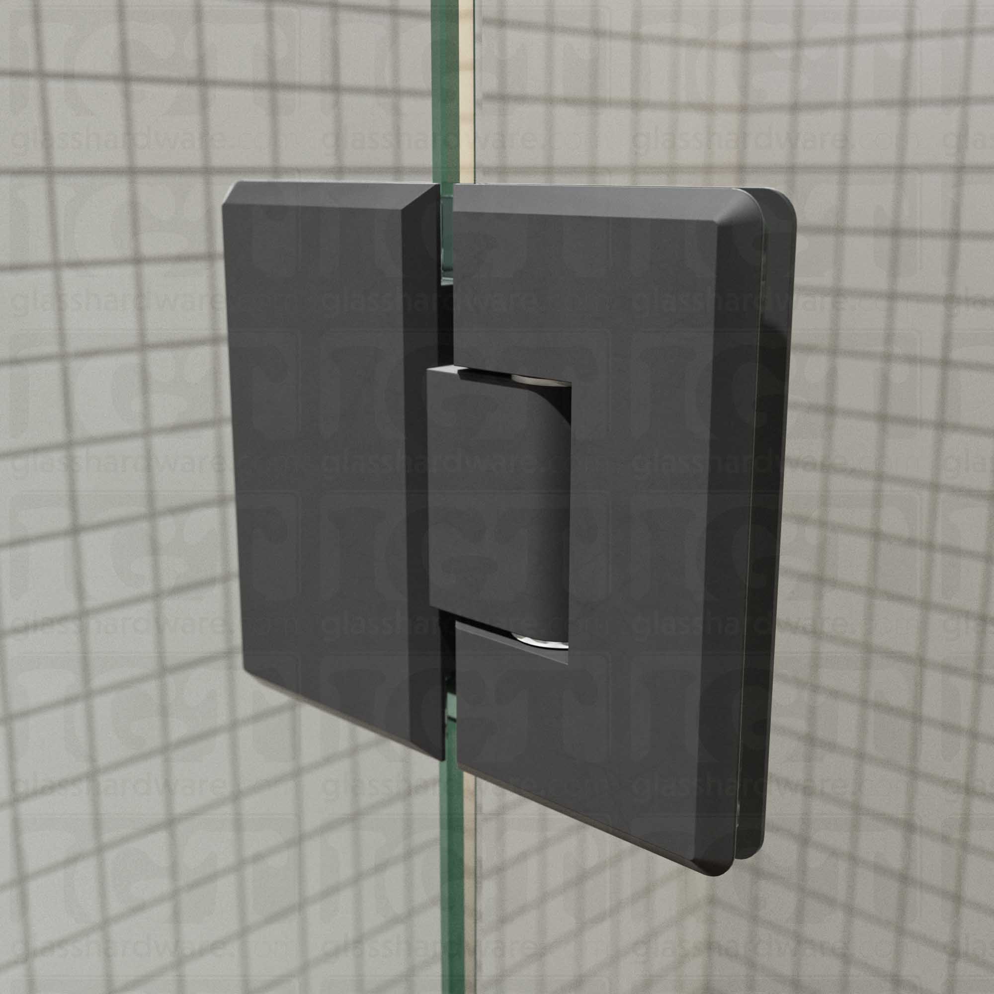 A close-up view of the Heavy Duty Glass-to-Glass 180 Degree Bilboa Hinge installed on a modern shower door, showcasing its Matte Black finish in more detail.