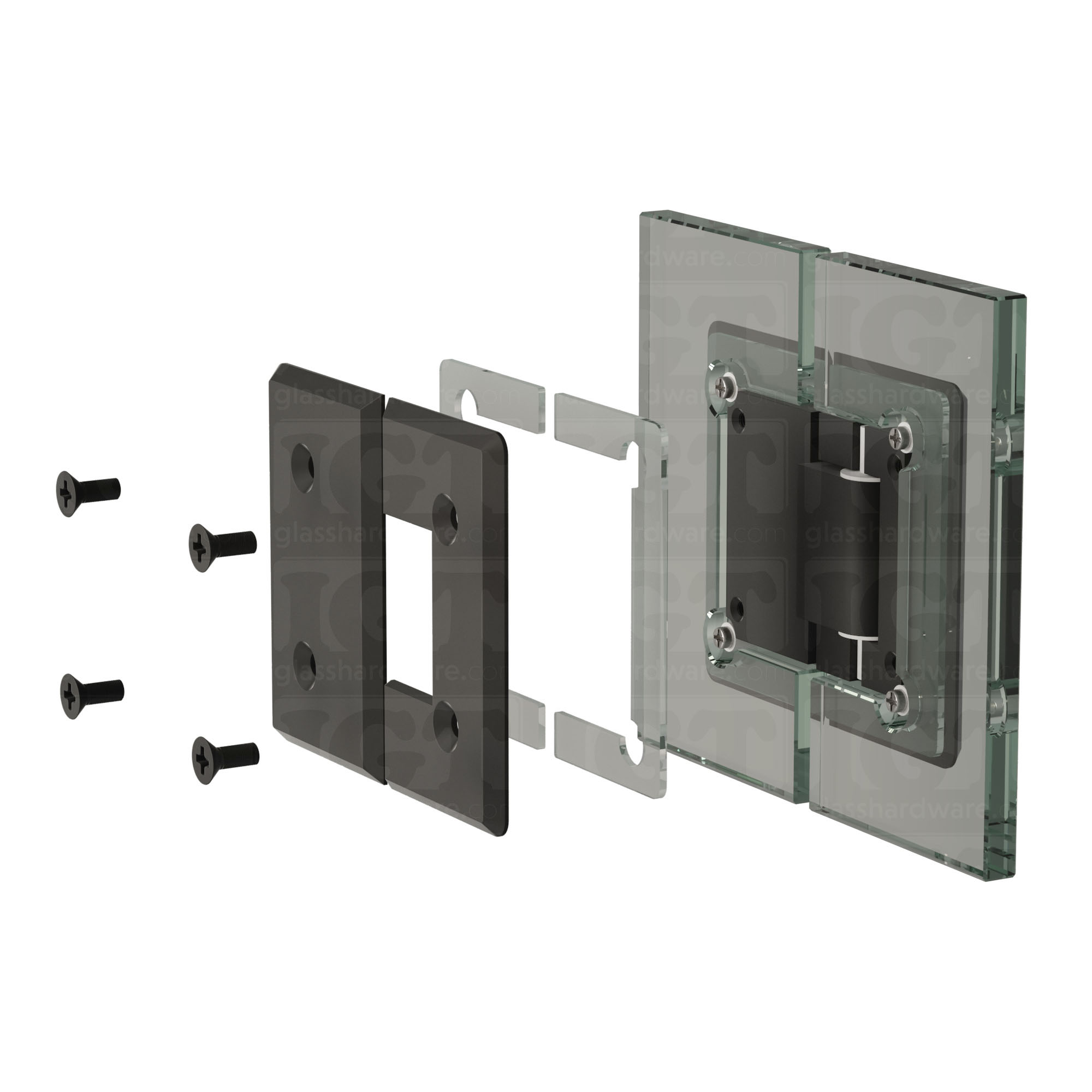 An exploded view of a Heavy Duty Glass-to-Glass 180 Degree Bilboa Hinge assembly. The image shows the hinge's plates, clear gaskets, and screws being fitted onto two adjacent glass planels. Matte Black.