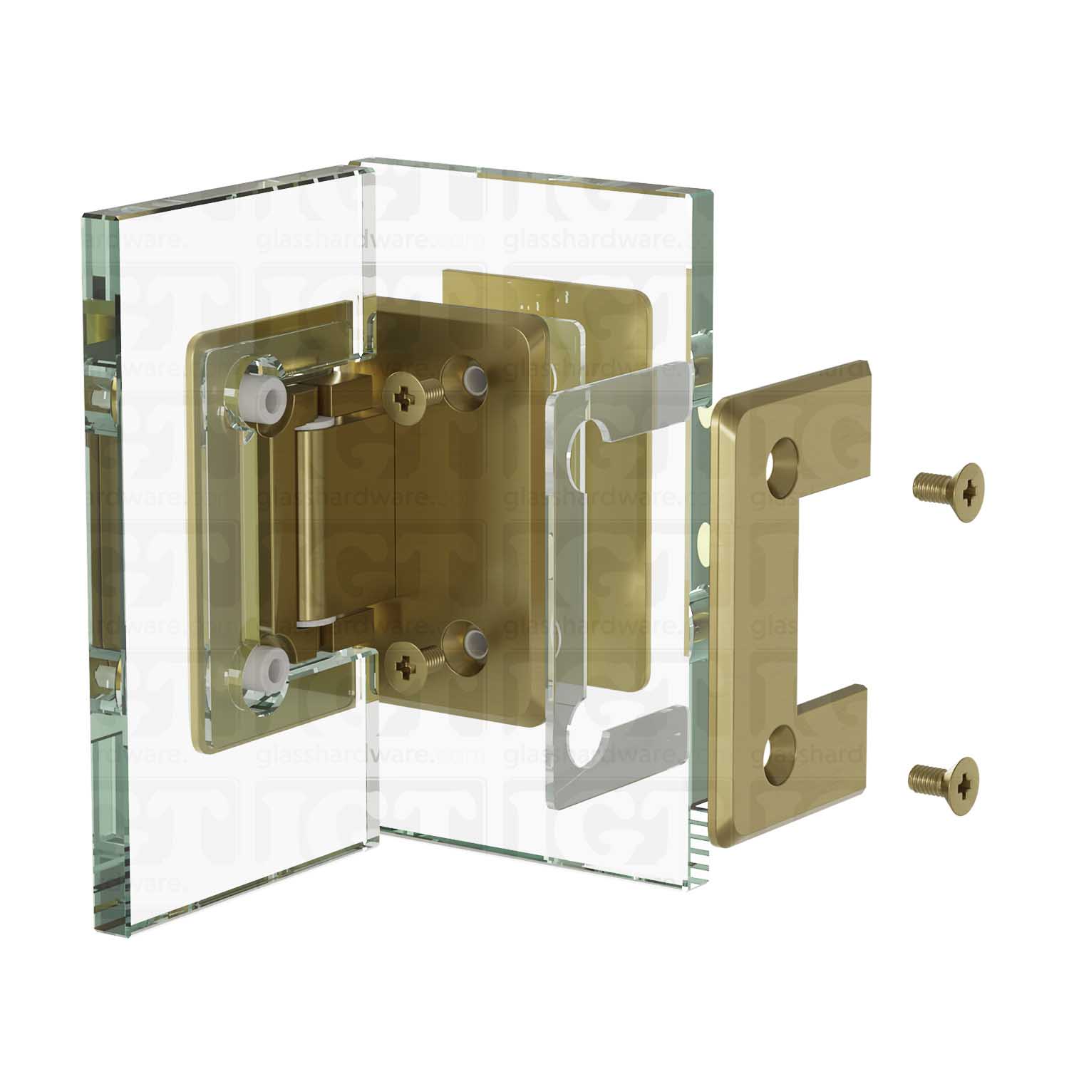 Exploded view of a Glass-to-Glass 90 Degree Bilboa Hinge assembly, showing its individual components. The image illustrates how the hinge attaches securely to the glass. Gold Brushed.