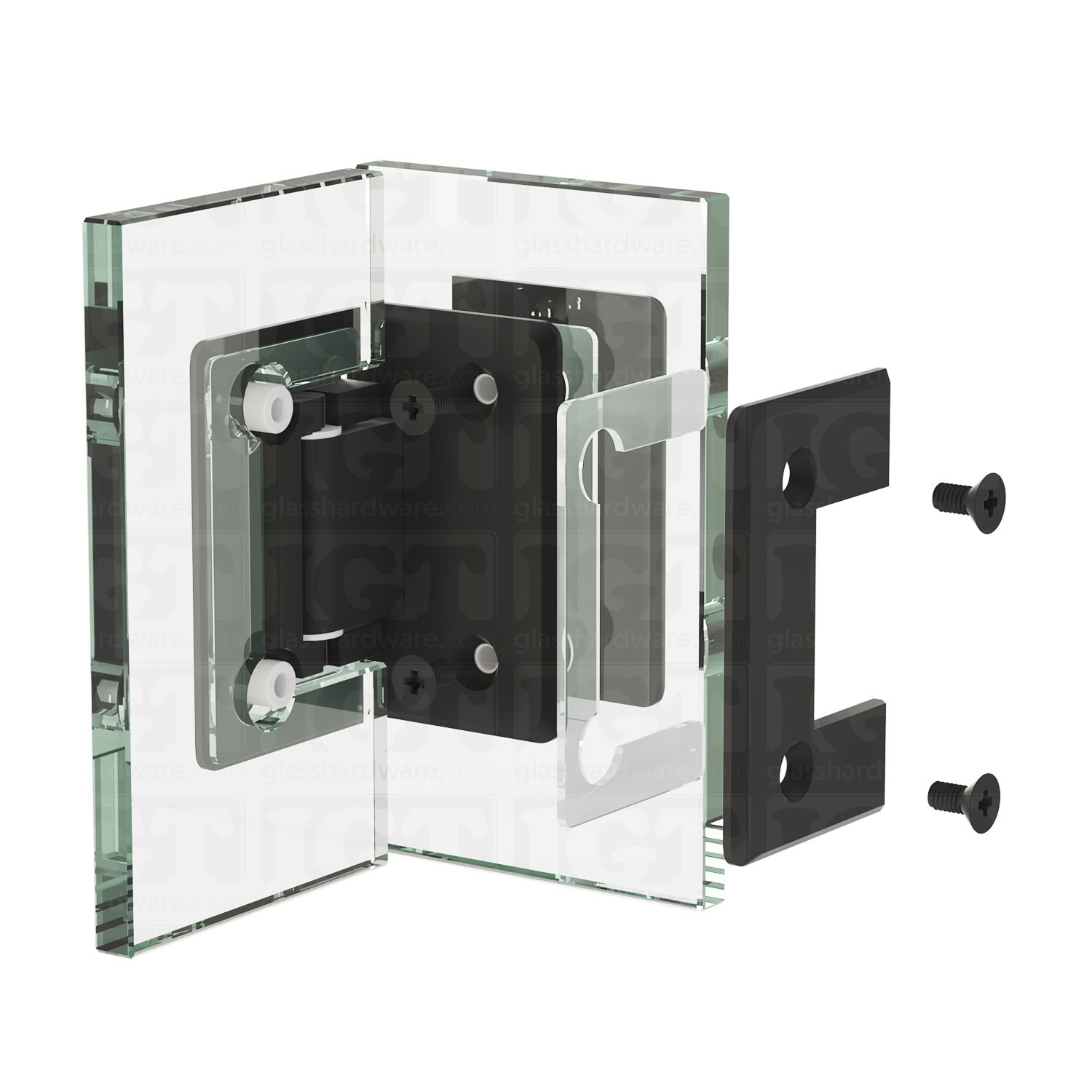 Exploded view of a Glass-to-Glass 90 Degree Bilboa Hinge assembly, showing its individual components. The image illustrates how the hinge attaches securely to the glass. Matte Black.