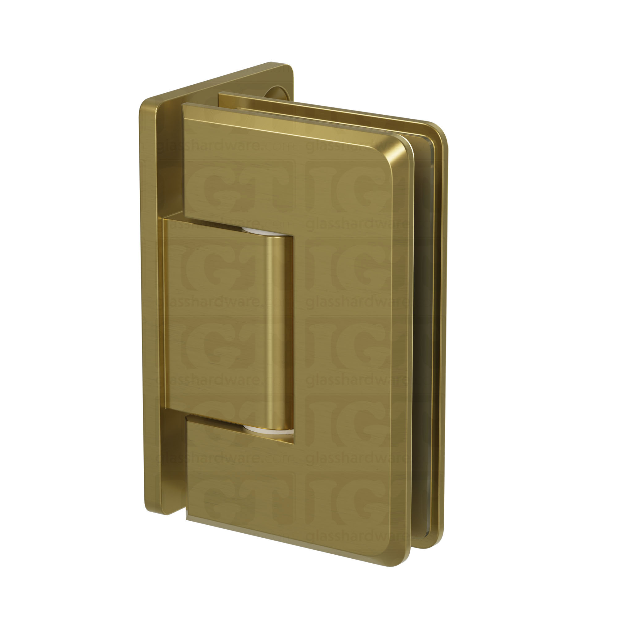 The Wall-to-Glass Offset Back Bilboa Hinge in Gold Brushed.