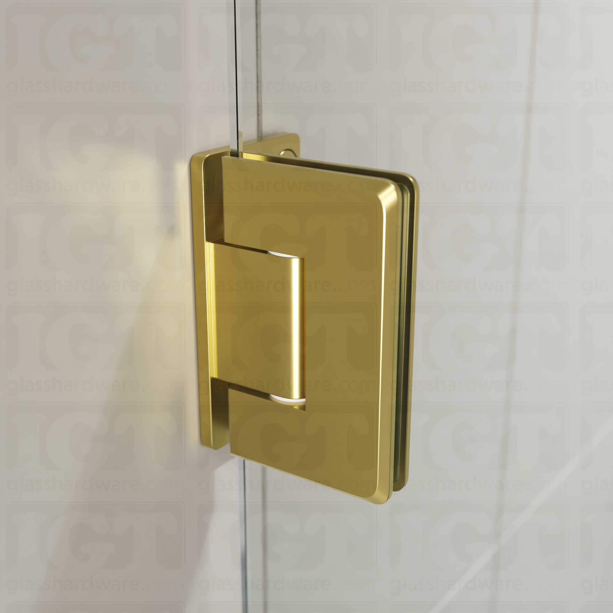 A close-up view of the Wall-to-Glass Offset Back Bilboa Hinge installed on a modern shower door, showcasing its Gold Brushed finish in more detail.