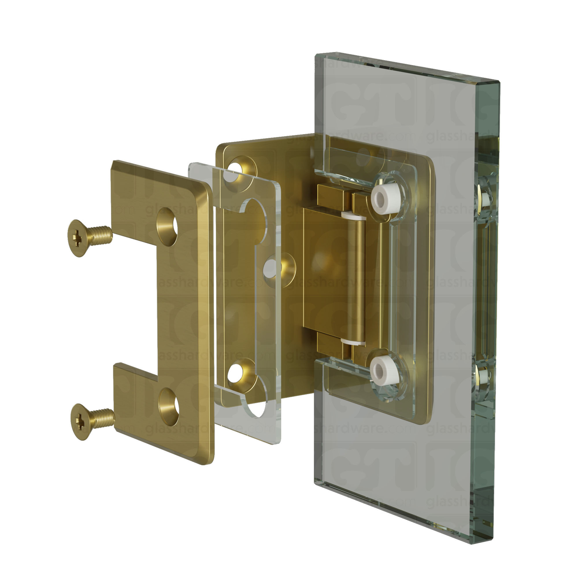 Exploded view of a Wall-to-Glass Offset Back Bilboa Hinge assembly, showing its individual components. The image illustrates how the hinge attaches securely to the glass. Gold Brushed.