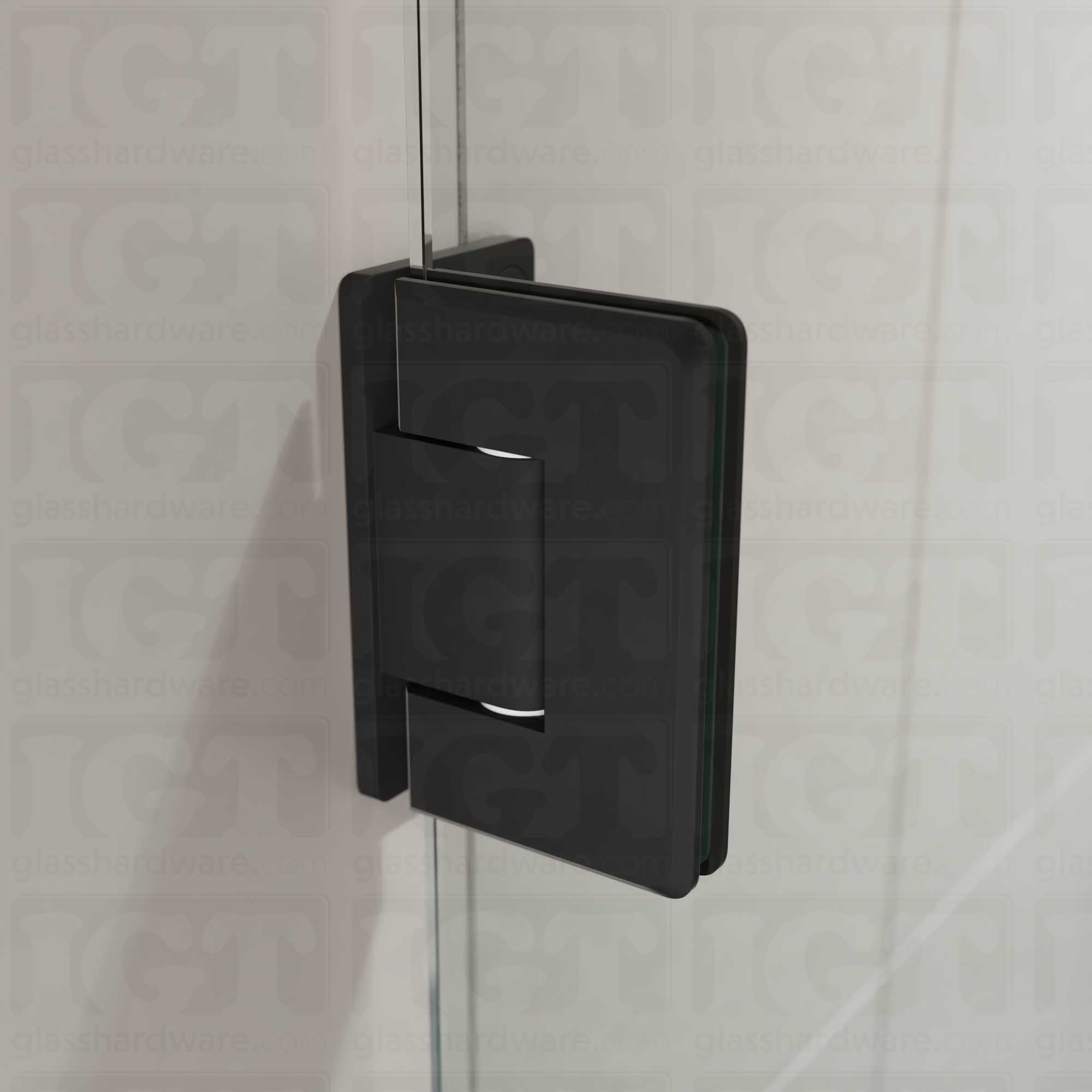 A close-up view of the Wall-to-Glass Offset Back Bilboa Hinge installed on a modern shower door, showcasing its Matte Black finish in more detail.