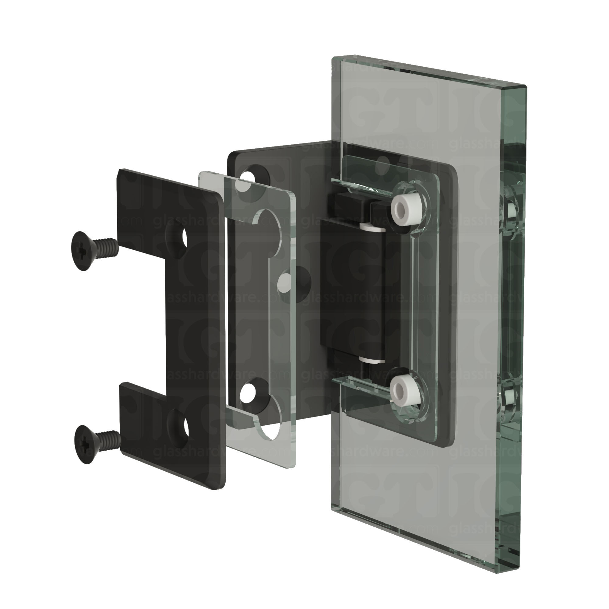 Exploded view of a Wall-to-Glass Offset Back Bilboa Hinge assembly, showing its individual components. The image illustrates how the hinge attaches securely to the glass. Matte Black.