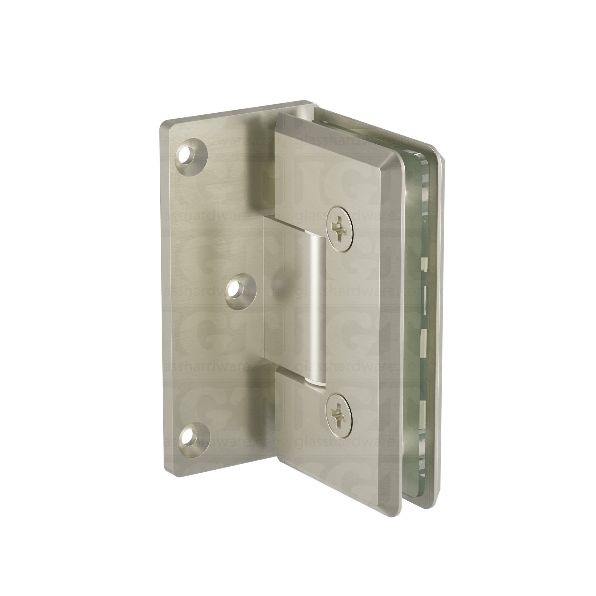 The Heavy Duty Wall-to-Glass Offset Back Bilboa Hinge in Brushed Nickel.