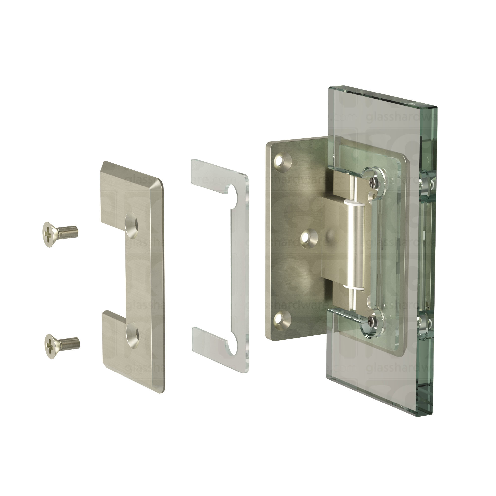 An exploded view of a Heavy Duty Wall-to-Glass Offset Back Bilboa Hinge assembly. The image shows the hinge's plates, clear gaskets, and screws being fitted onto a glass planel. Brushed Nickel.