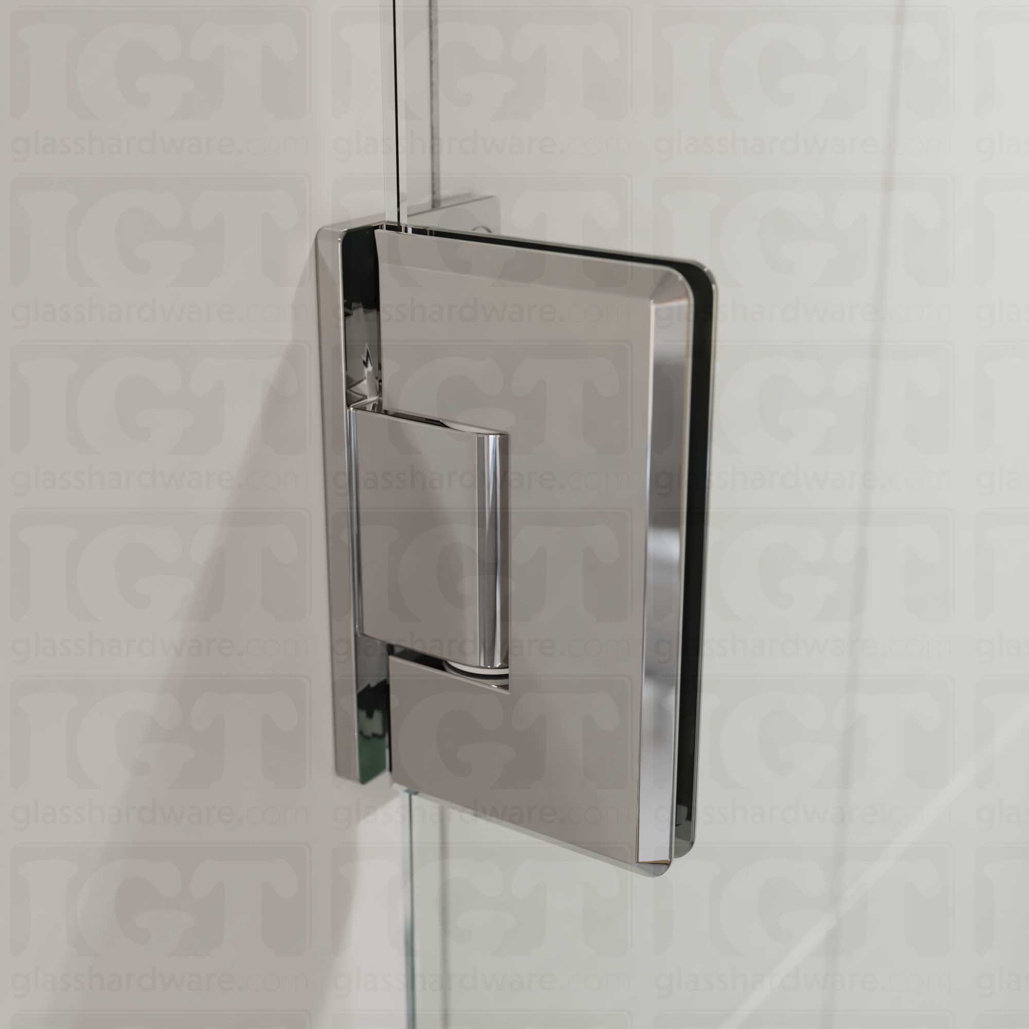 A close-up view of the Heavy Duty Wall-to-Glass Offset Back Bilboa Hinge installed on a modern shower door, showcasing its Chrome Polished finish in more detail.