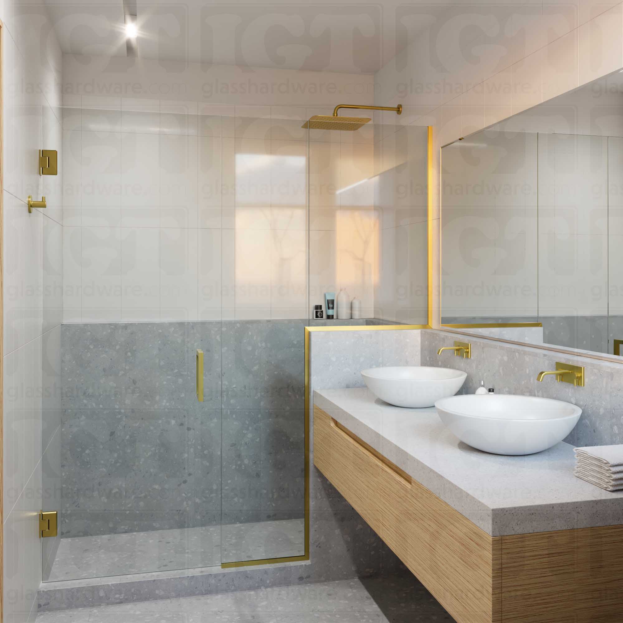 A modern shower door installation using two Heavy Duty Wall-to-Glass Offset Back Bilboa Hinges. Gold Brushed.