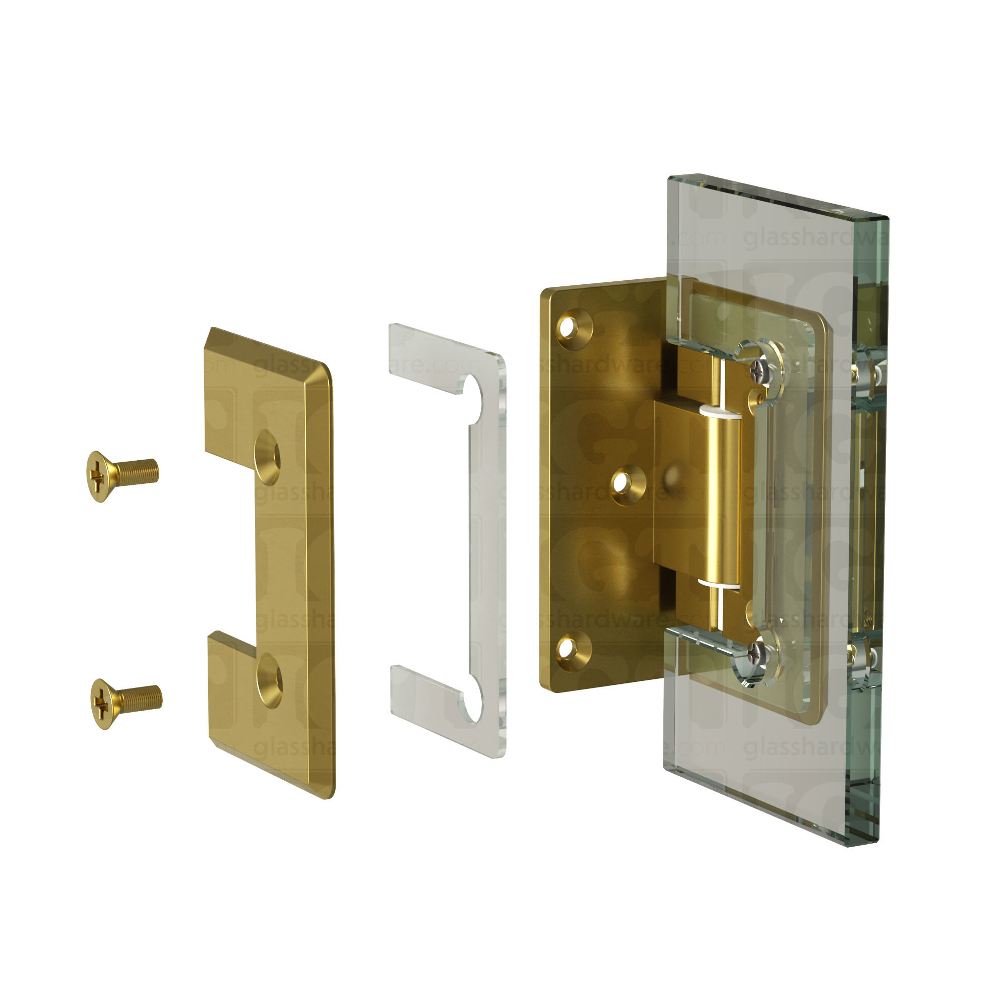 An exploded view of a Heavy Duty Wall-to-Glass Offset Back Bilboa Hinge assembly. The image shows the hinge's plates, clear gaskets, and screws being fitted onto a glass planel. Gold Brushed.