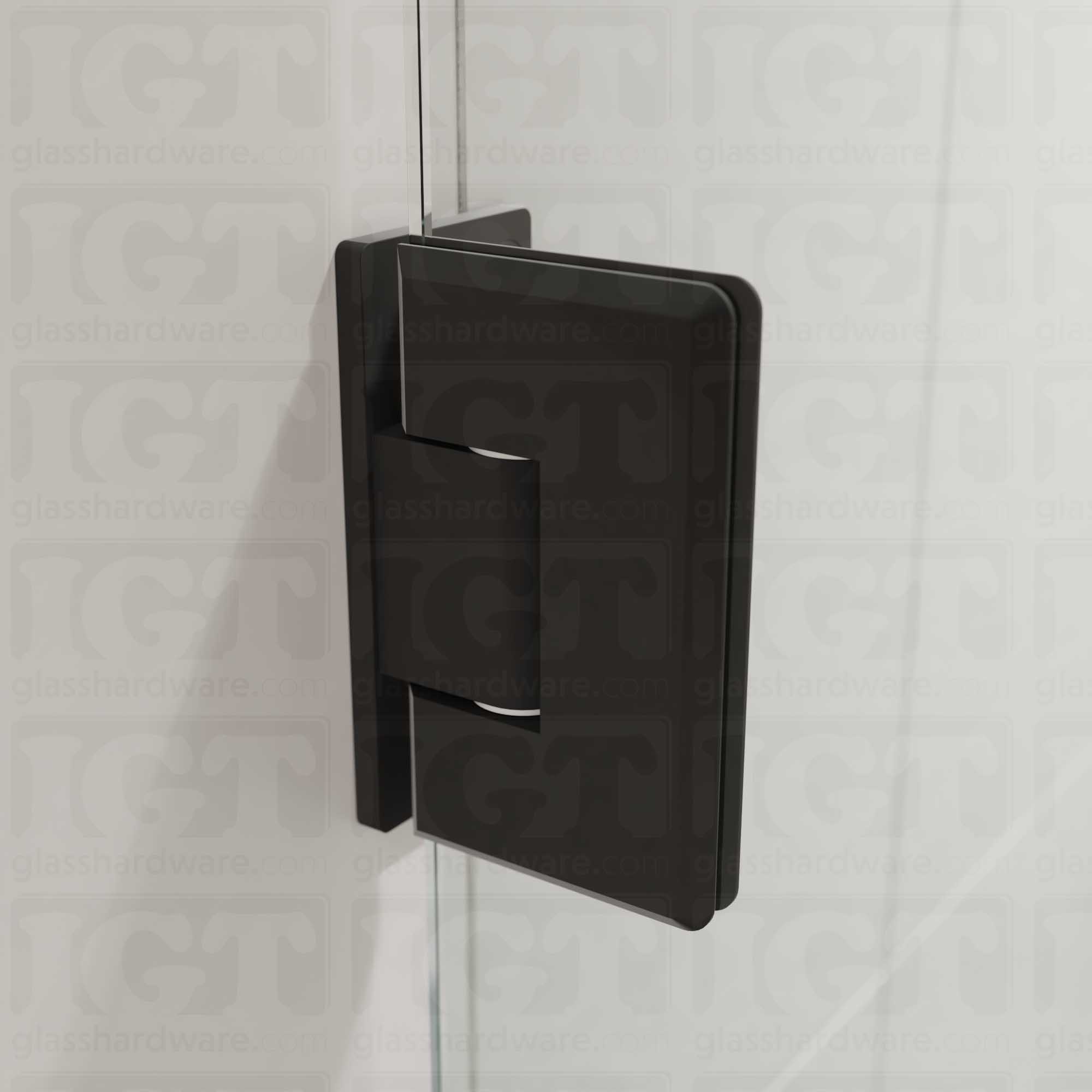 A close-up view of the Heavy Duty Wall-to-Glass Offset Back Bilboa Hinge installed on a modern shower door, showcasing its Matte Black finish in more detail.