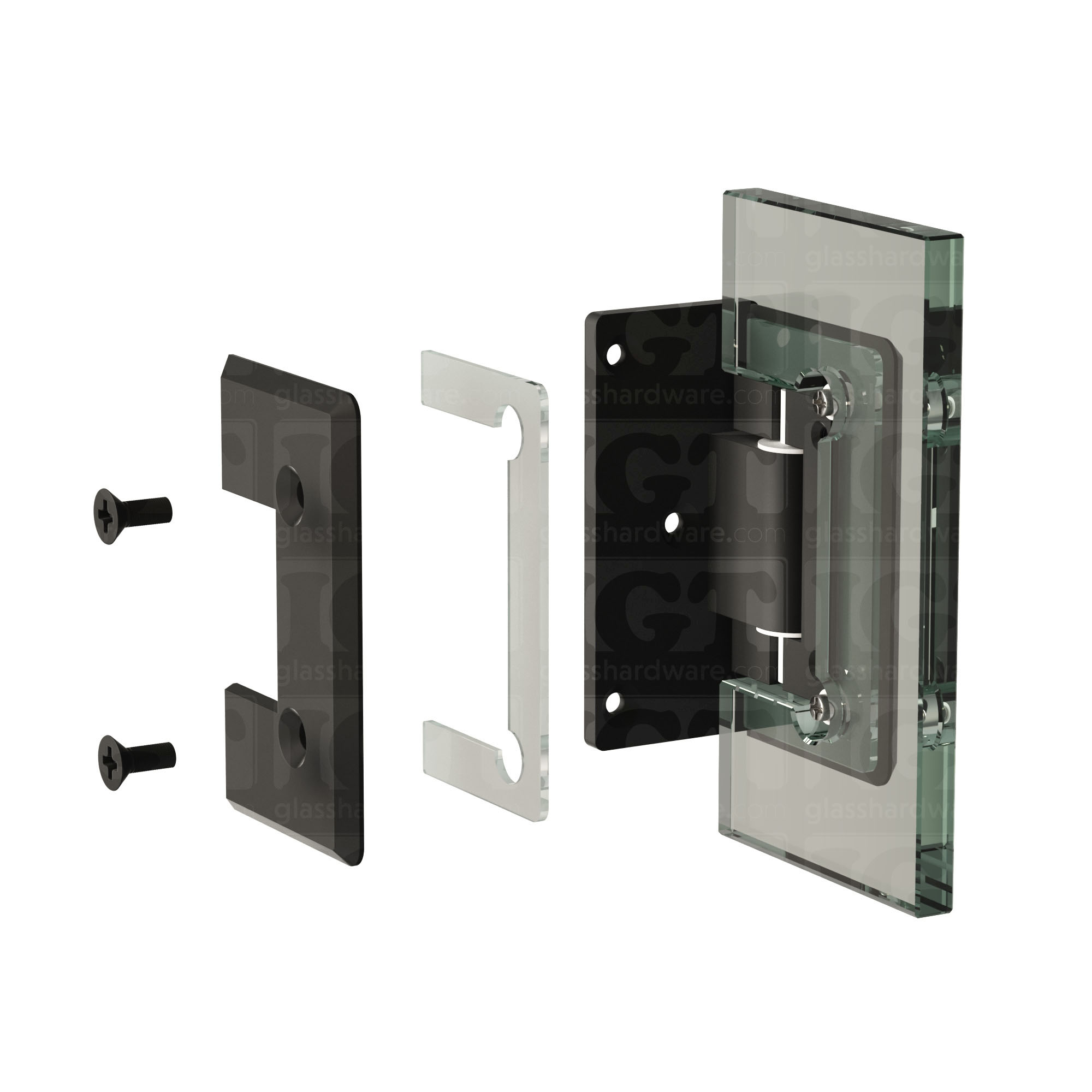 An exploded view of a Heavy Duty Wall-to-Glass Offset Back Bilboa Hinge assembly. The image shows the hinge's plates, clear gaskets, and screws being fitted onto a glass planel. Matte Black.