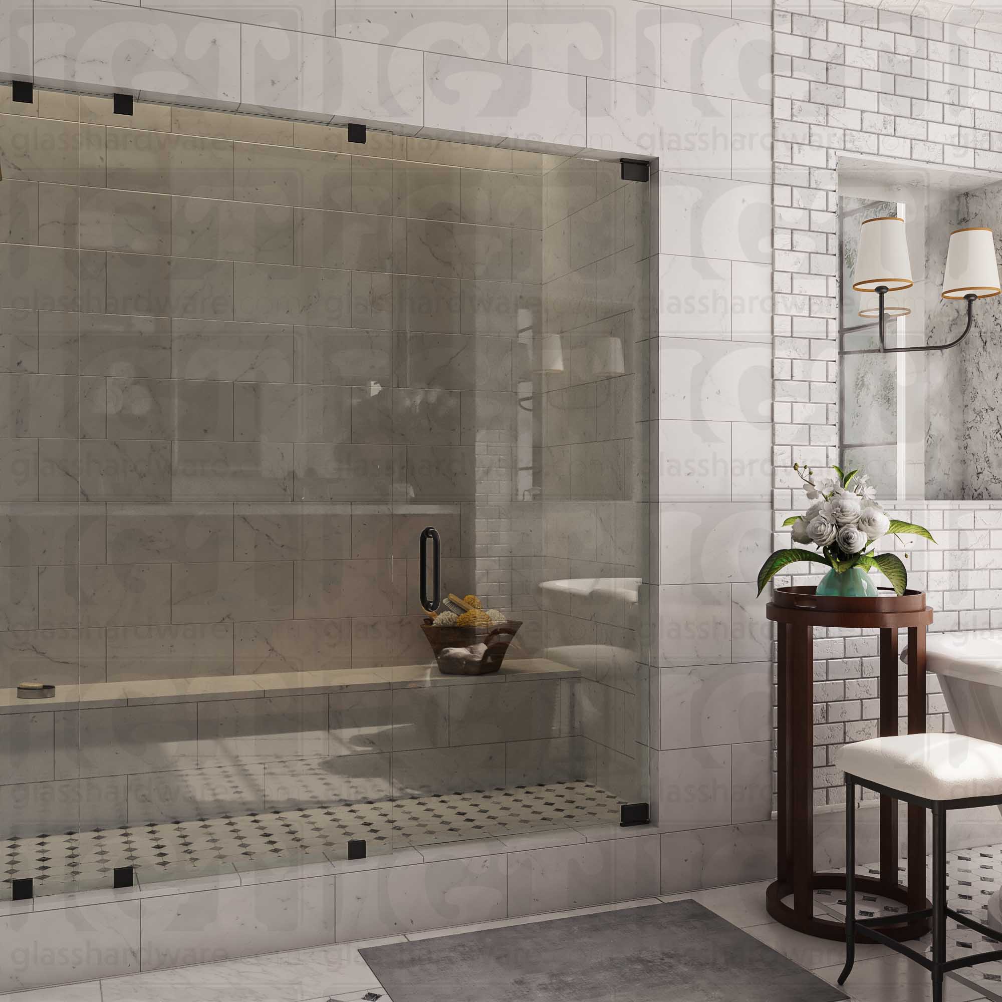 An elegant bathroom interior featuring a glass shower enclosure with two Top and Bottom Bilboa Pivot Hinges for the shower door. The space has a marble-tiled shower with a built-in bench. Soft, ambient lighting highlights the luxurious finishes, creating a warm and sophisticated atmosphere. Matte Black.