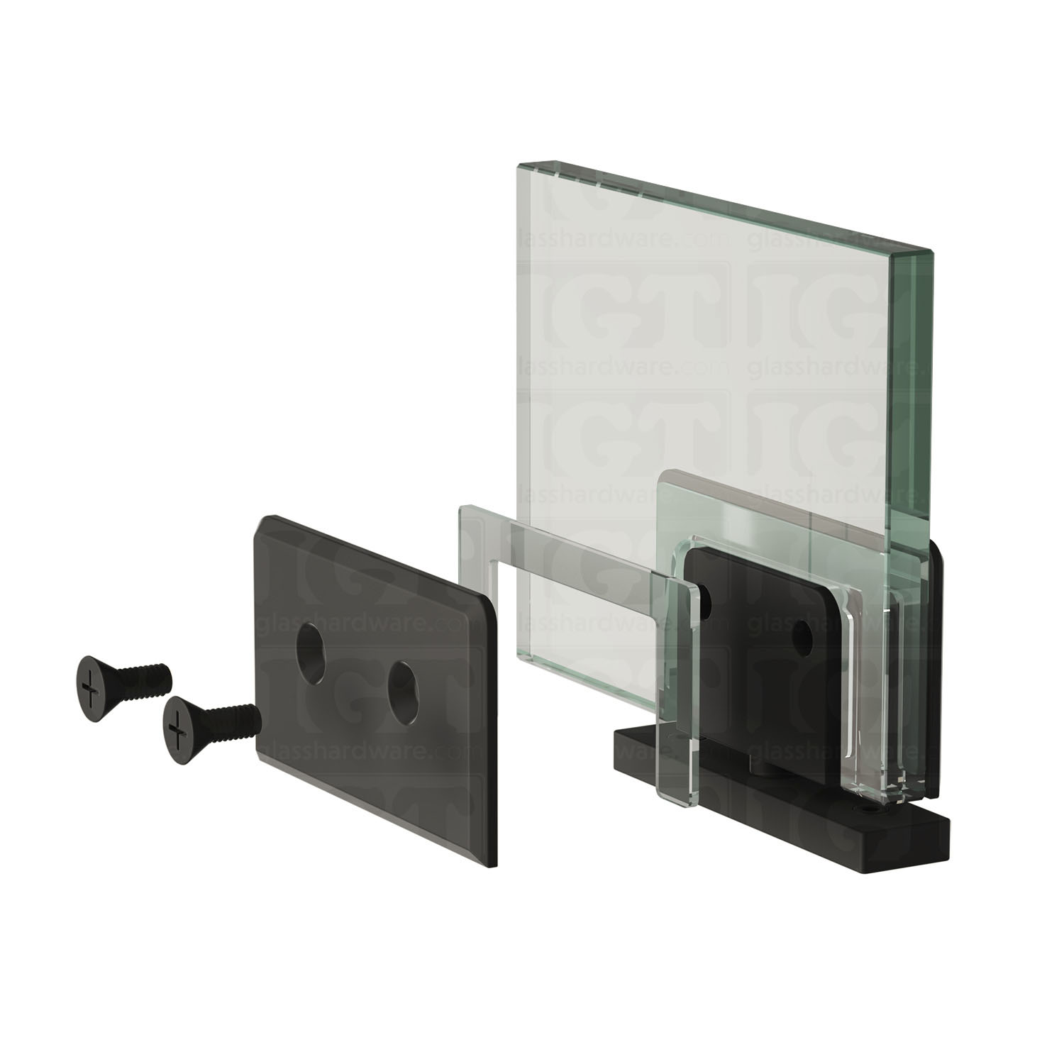 Exploded view of a Top and Bottom Bilboa Pivot Hinge assembly, showing its individual components. The image shows the hinge being securely attached to the glass. Matte Black.