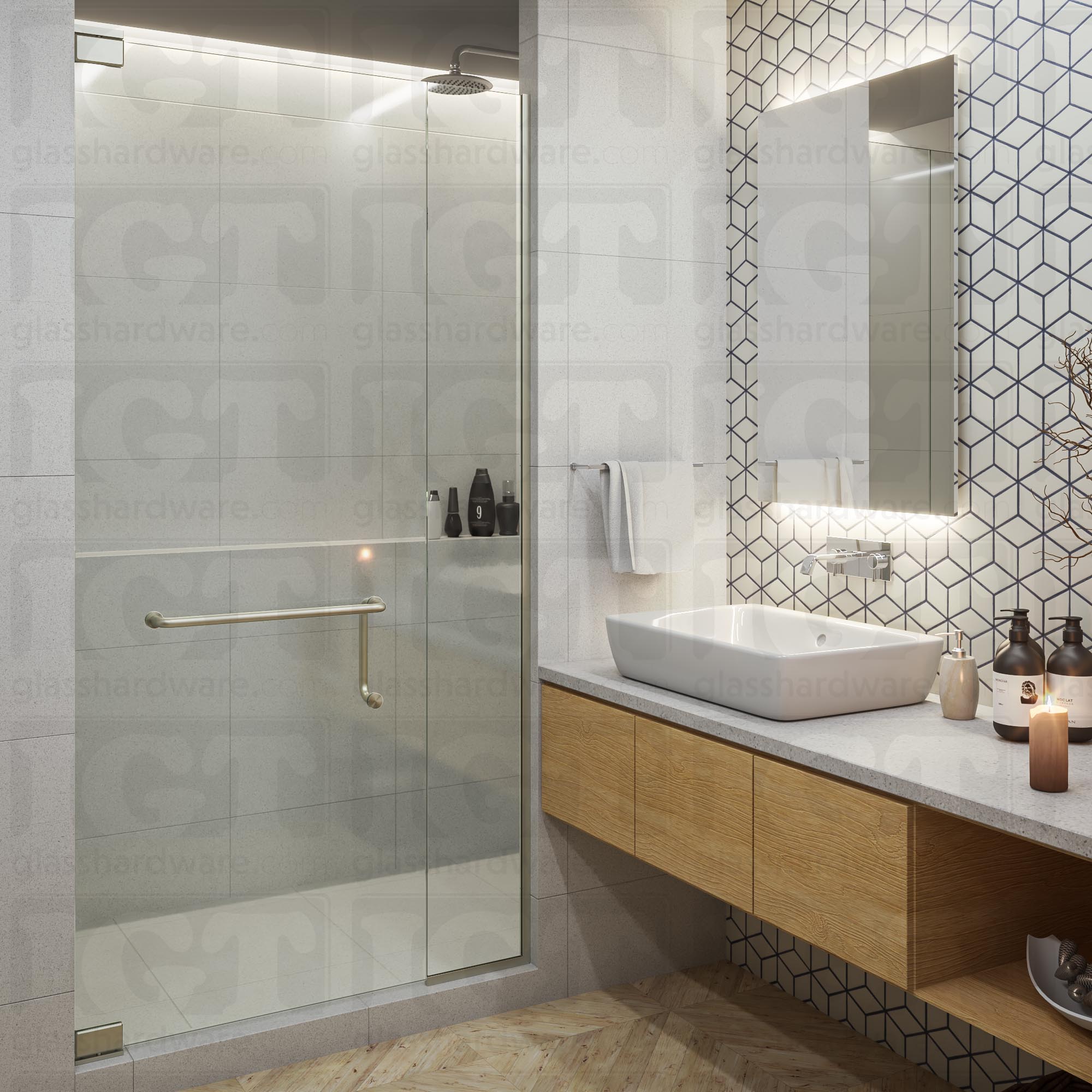 A modern bathroom complete with a frameless glass shower door. The shower door is secured by a bottom and a top pivot hinge, including the Right Wall Mount Bilboa Pivot Hinge fixed to the wall. The bathroom features modern geometric wall tiles, a floating wooden vanity, and a backlit mirror above a vessel sink, creating a stylish and elegant environment. Brushed Nickel.