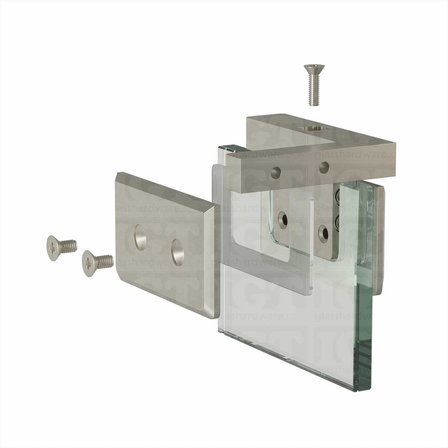 Exploded view of a Right Wall Mount Bilboa Pivot Hinge assembly, showing its individual components. The image shows the hinge being securely attached to the glass. Brushed Nickel.