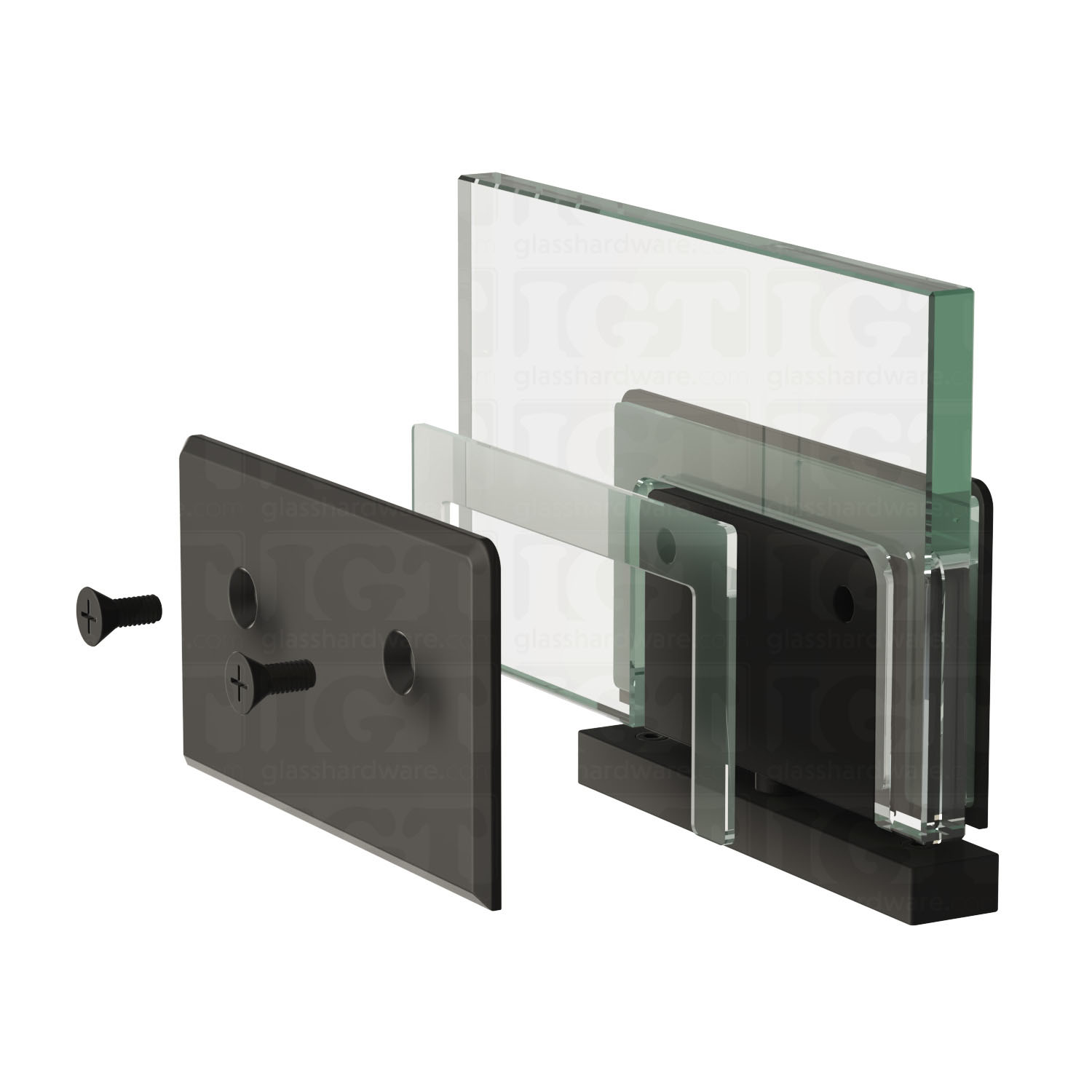 Exploded view of a Heavy Duty Top and Bottom Bilboa Pivot Hinge assembly, showing its individual components. The image shows the hinge being securely attached to the glass. Matte Black.