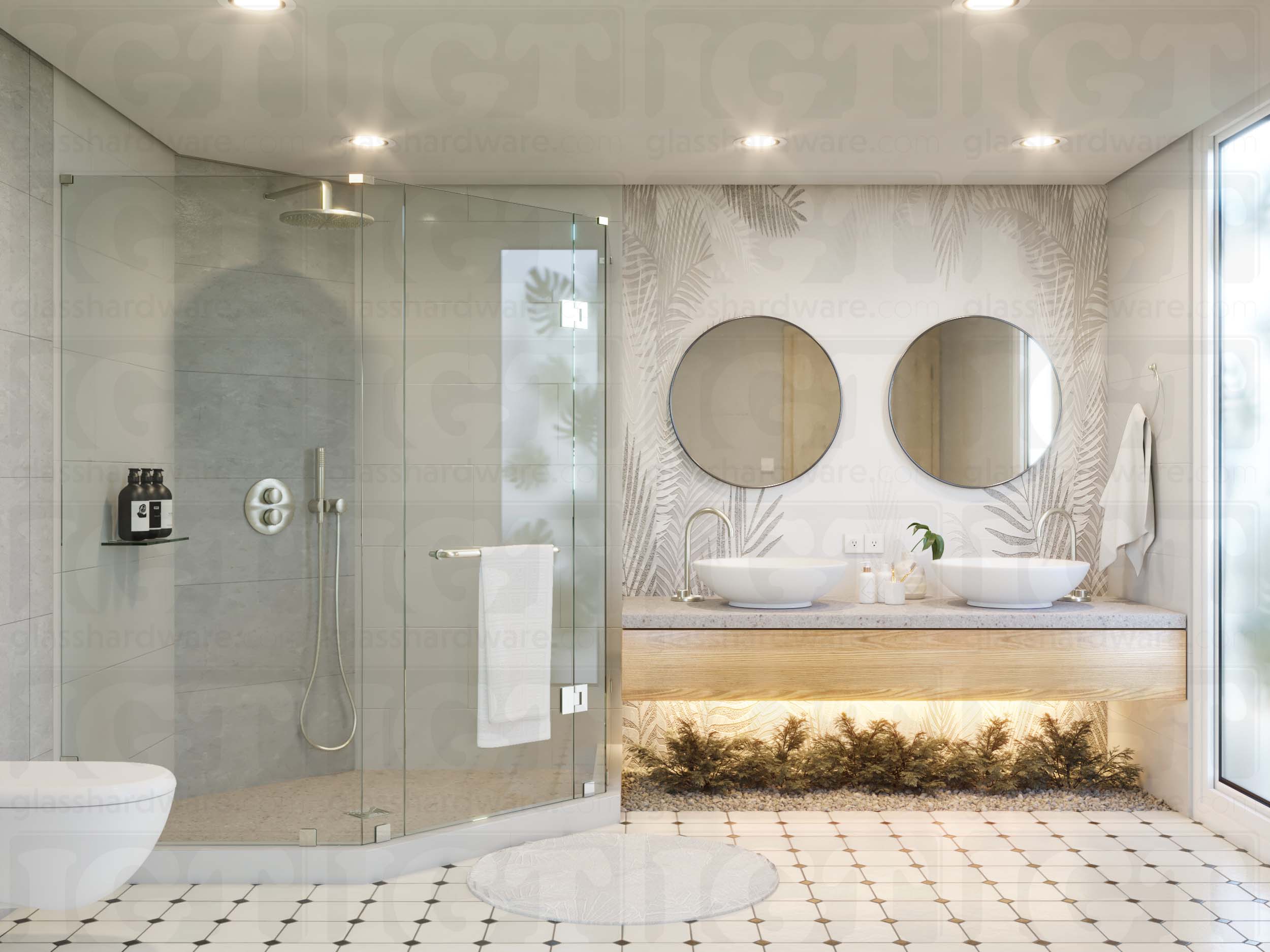 A modern bathroom with a frameless glass shower enclosure using the Right Wall-to-Glass Sleeve Over Clamp. Brushed Nickel.