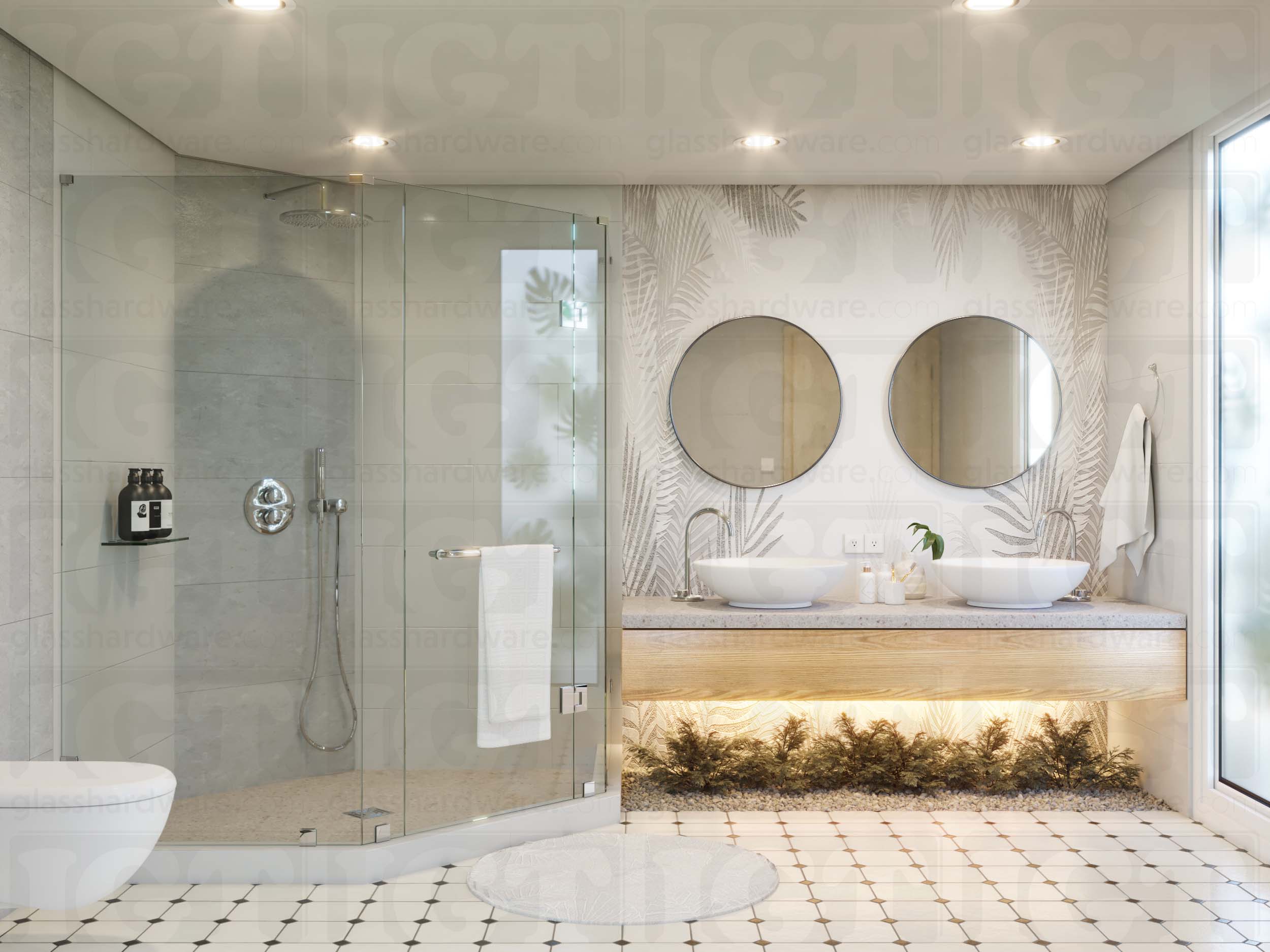 A modern bathroom with a frameless glass shower enclosure using the Right Wall-to-Glass Sleeve Over Clamp. Chrome Polished.