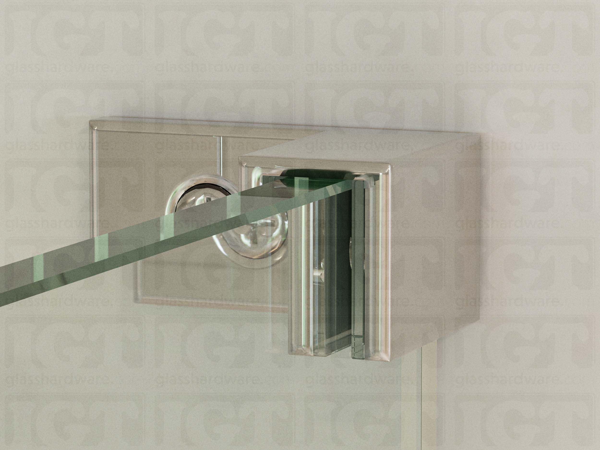 A close up of the Right Wall-to-Glass Sleeve Over Clamp mounted onto the glass panel. The glass is fitted securely into the clamps Solid Brass frame. Chrome Polished.