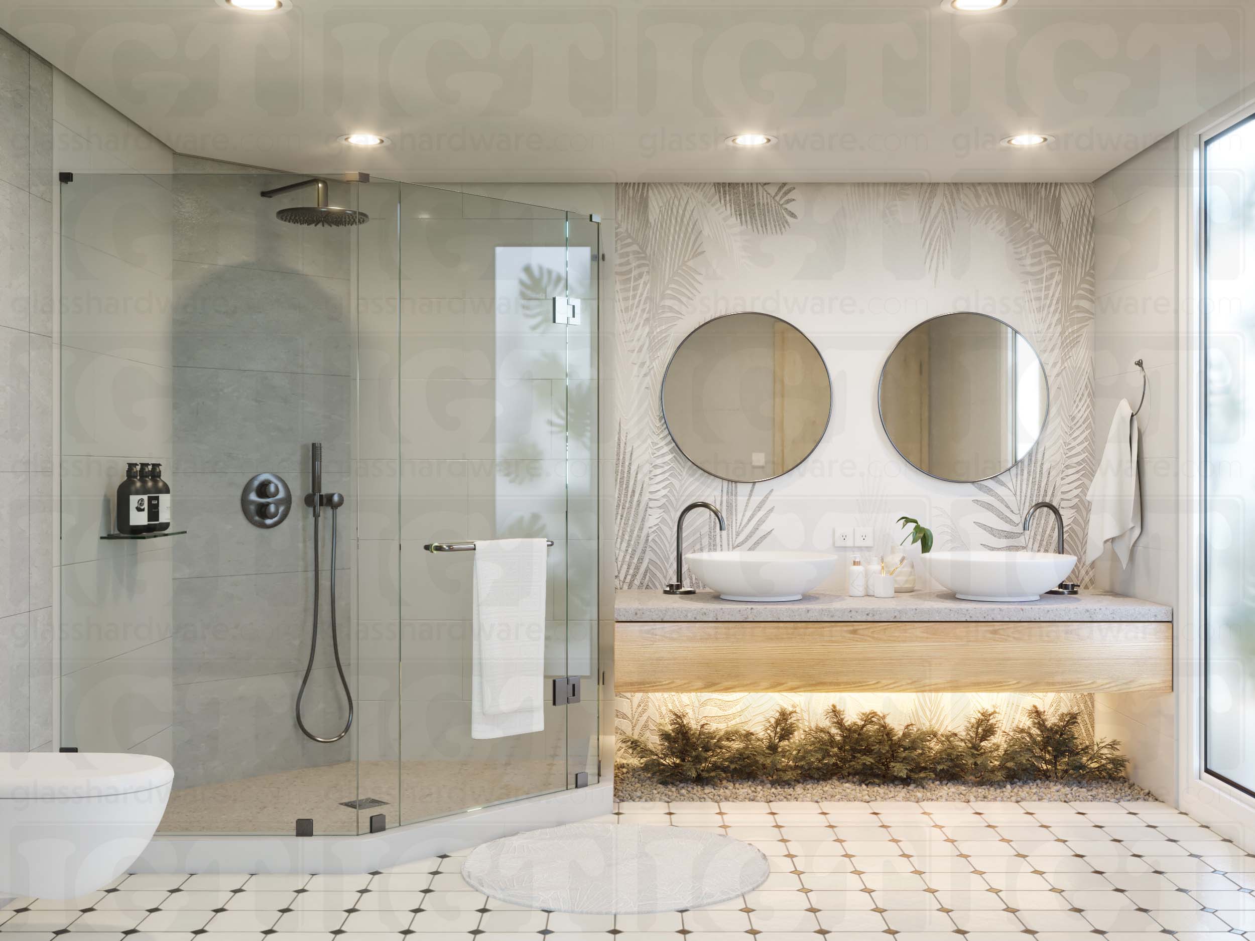 A modern bathroom with a frameless glass shower enclosure using the Right Wall-to-Glass Sleeve Over Clamp. Polished Gun Metal.