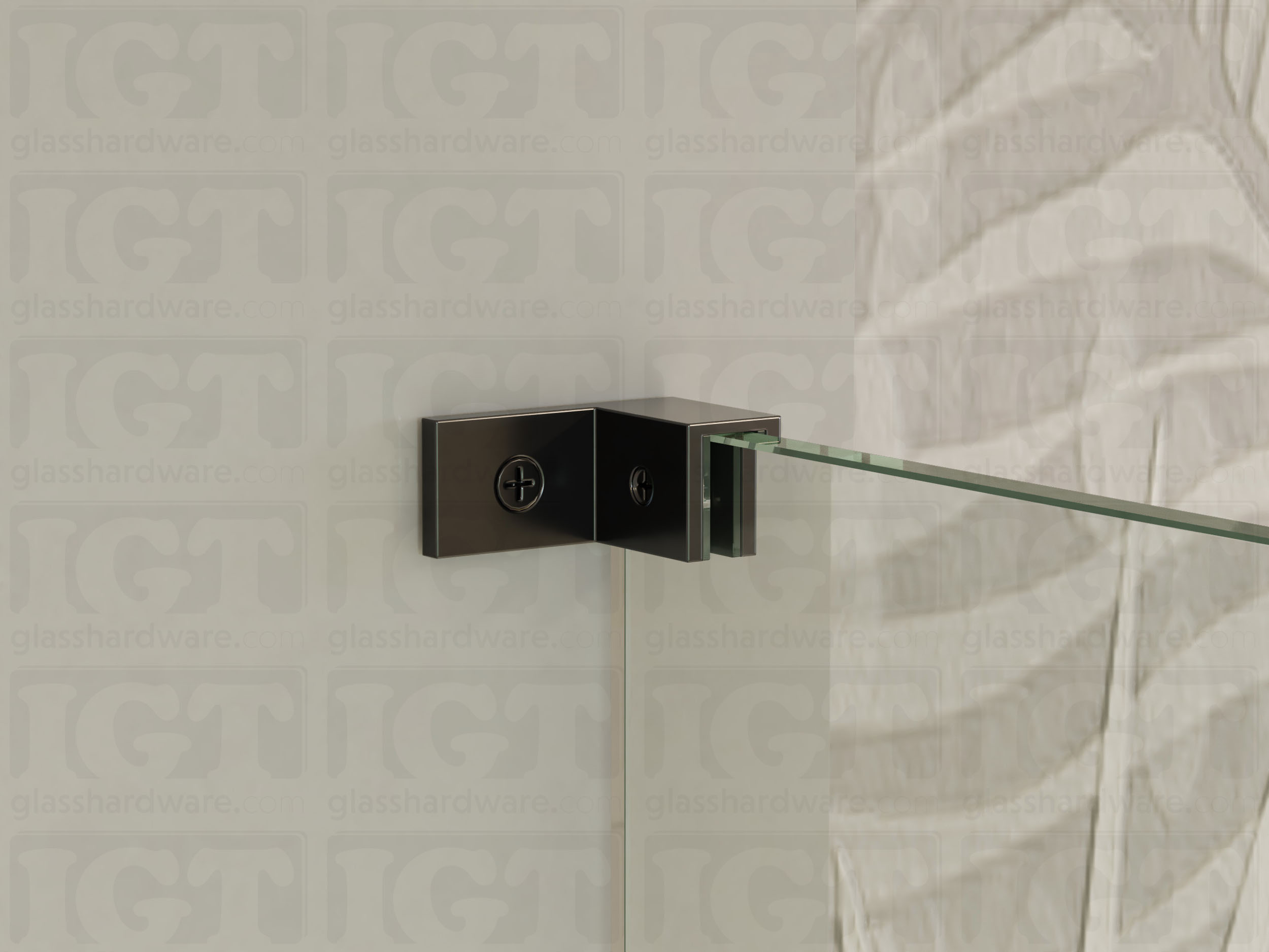 A close up of the Right Wall-to-Glass Sleeve Over Clamp installed on a frameless glass shower enclosure. The clamp is securely mounted to the shower's wall, providing additional support to the overall installation. Polished Gun Metal.