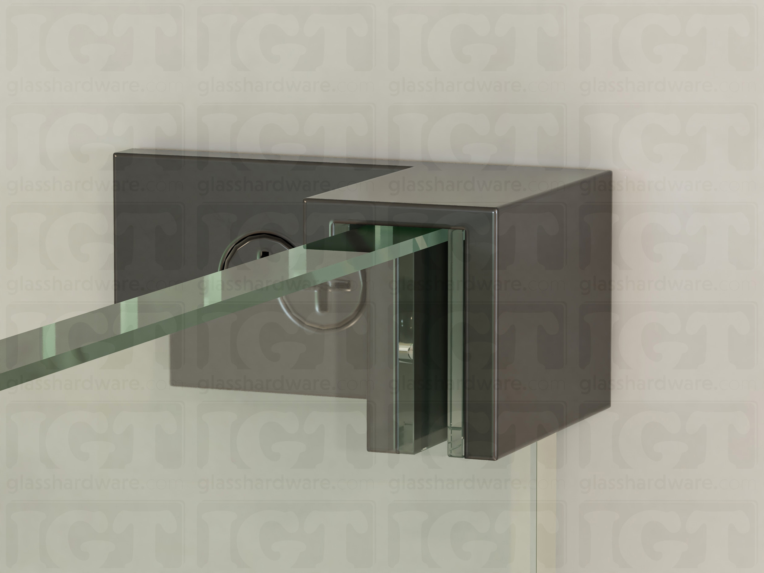 A close up of the Right Wall-to-Glass Sleeve Over Clamp mounted onto the glass panel. The glass is fitted securely into the clamps Solid Brass frame. Polished Gun Metal.