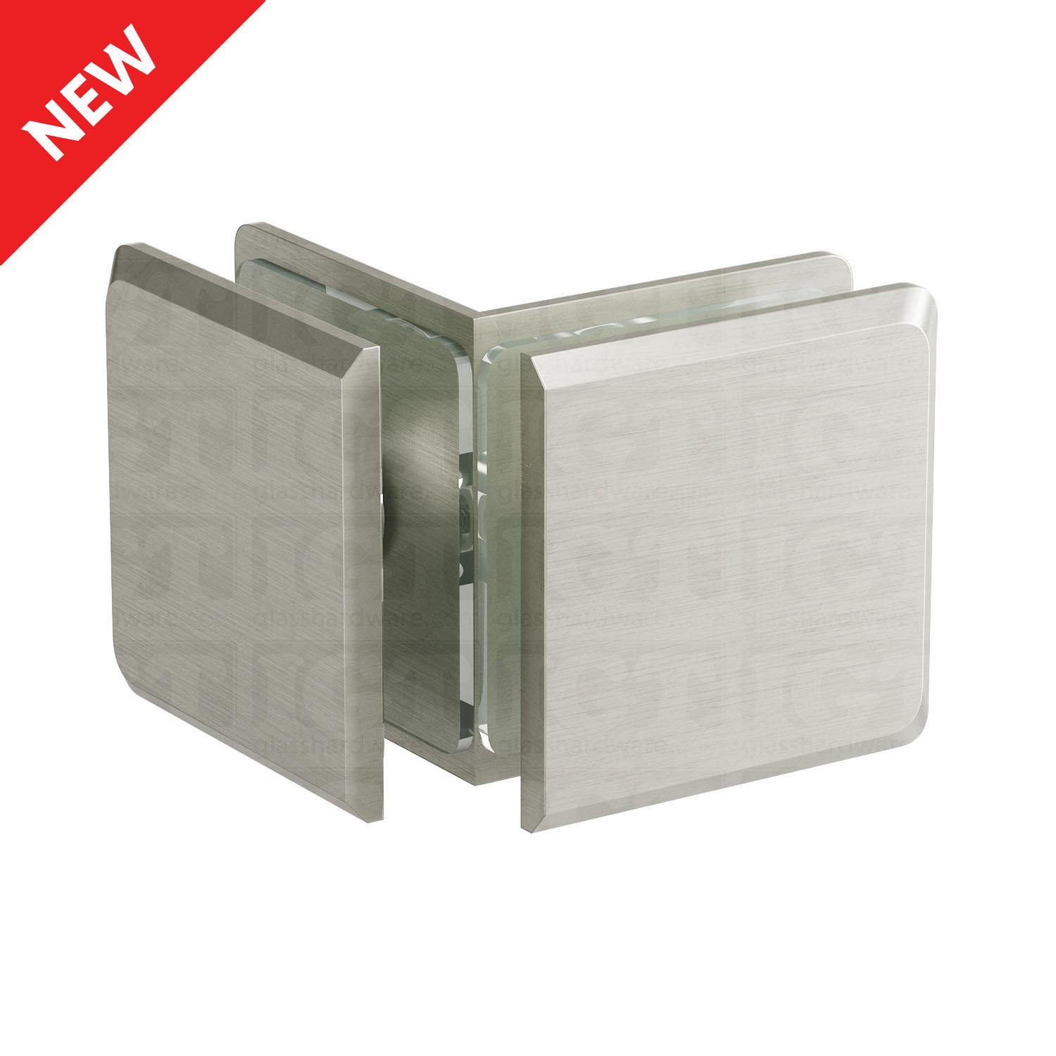 The Glass-to-Glass 90 Degree Bilboa Clamp in Brushed Nickel.