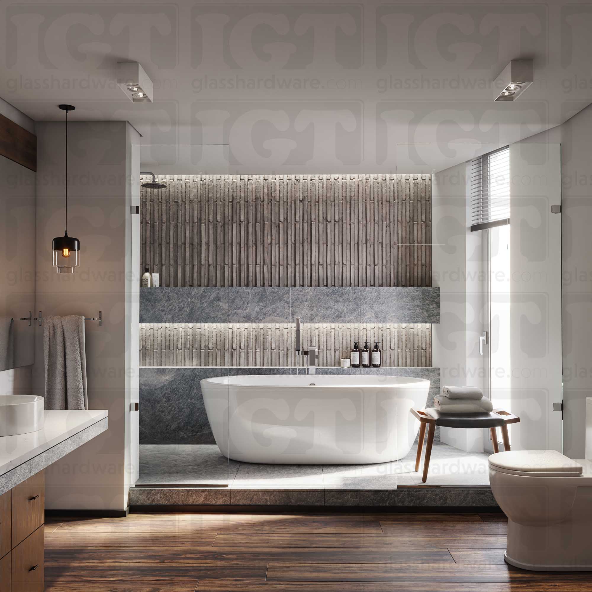 A modern bathroom with a glass walk-in shower enclosure. The glass panels are fixed to the wall using various Glass-to-Glass Adjustable Clamps in the wall mount configuration. Chrome Polished.