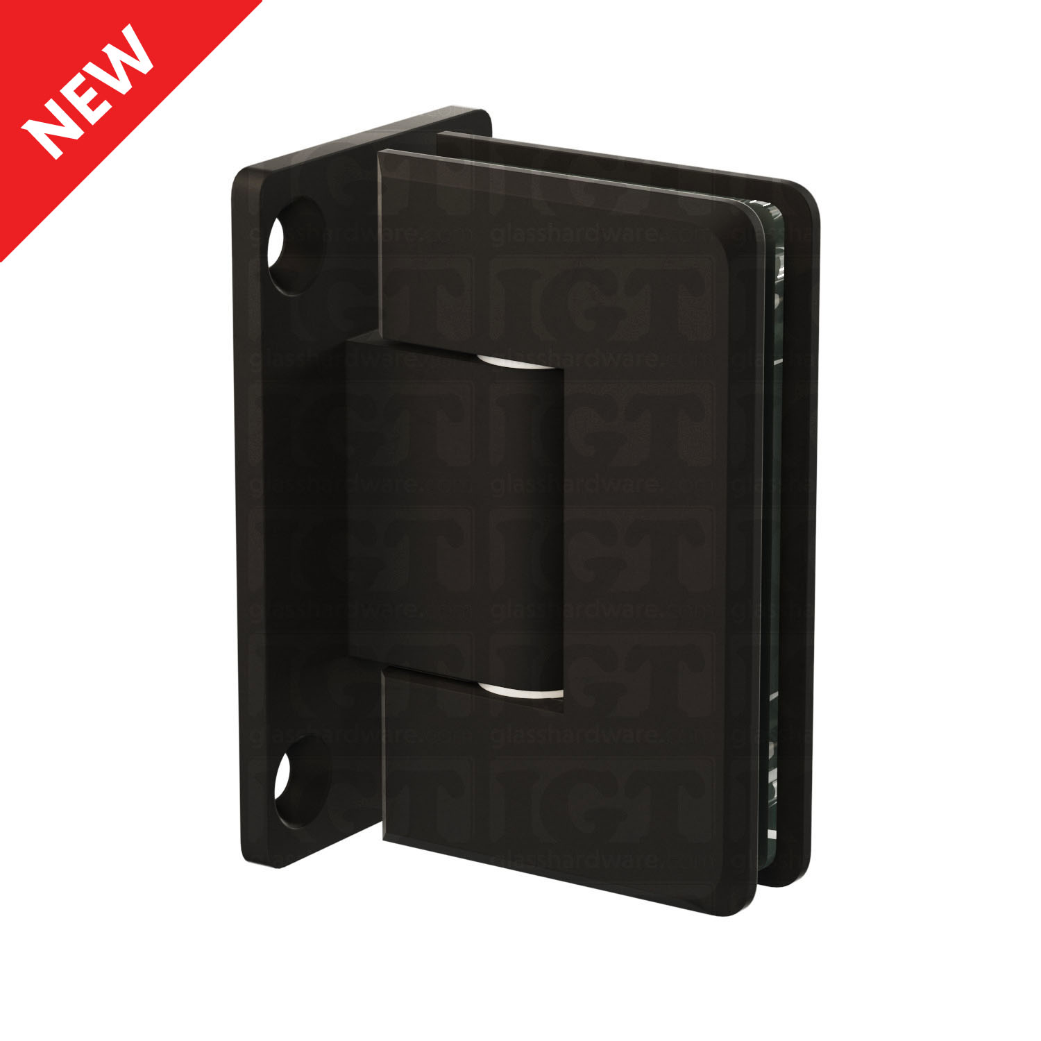 The Wall-to-Glass Full Back Bilboa Hinge in Matte Black.