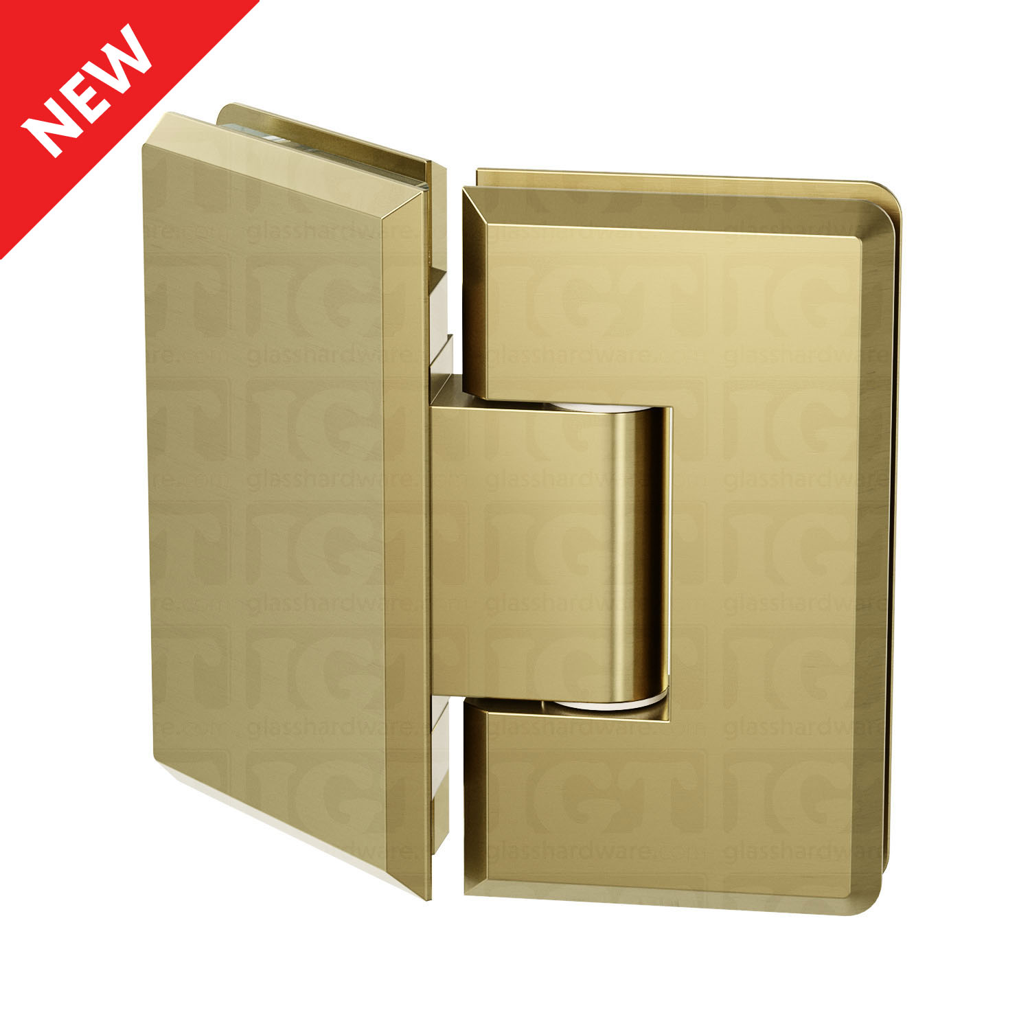 The Heavy Duty Glass-to-Glass 135 Degree Bilboa Hinge in Gold Brushed.