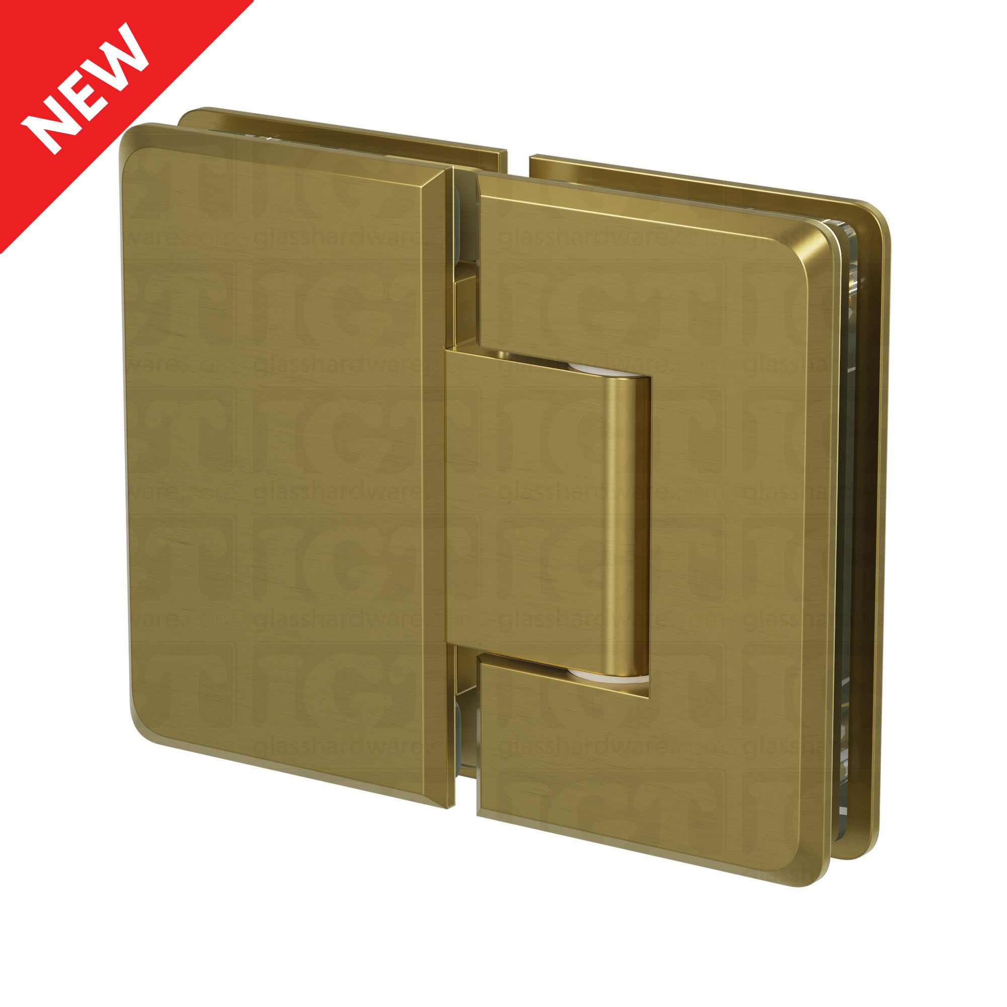 The Glass-to-Glass 180 Degree Bilboa Hinge in Gold Brushed.