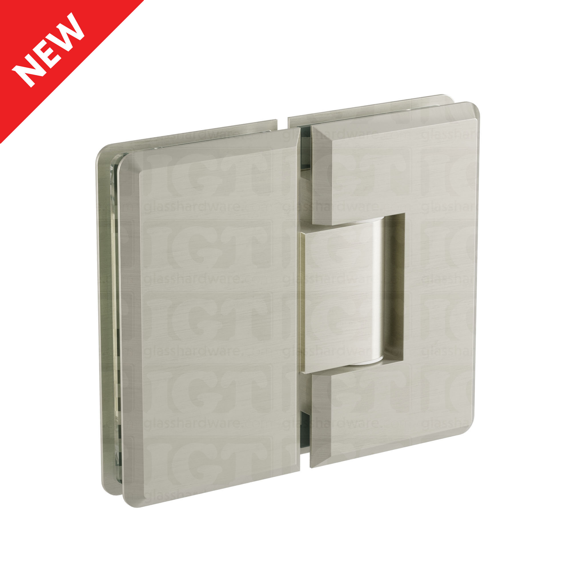 The Heavy Duty Glass-to-Glass 180 Degree Bilboa Hinge in Brushed Nickel.