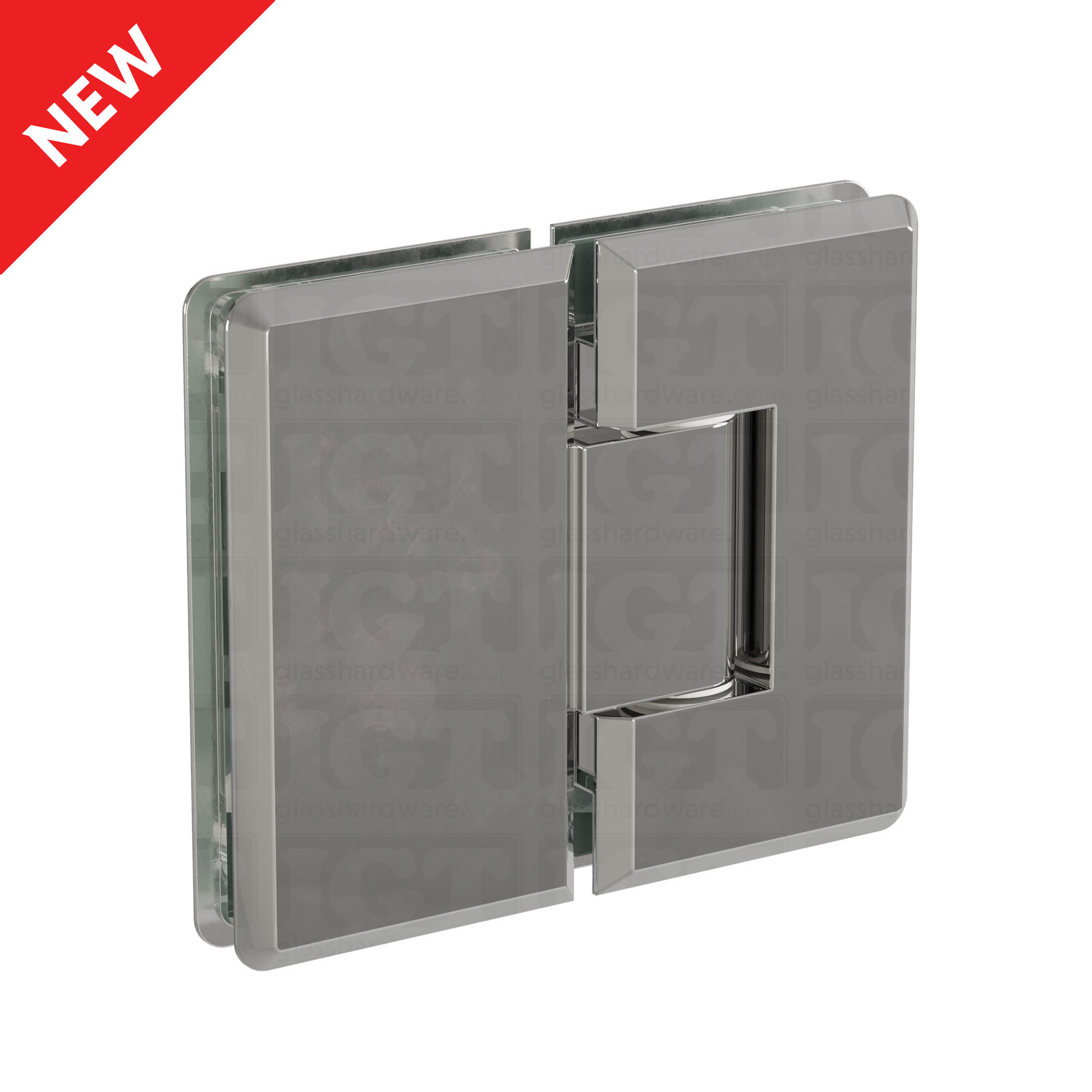 The Heavy Duty Glass-to-Glass 180 Degree Bilboa Hinge in Chrome Polished.